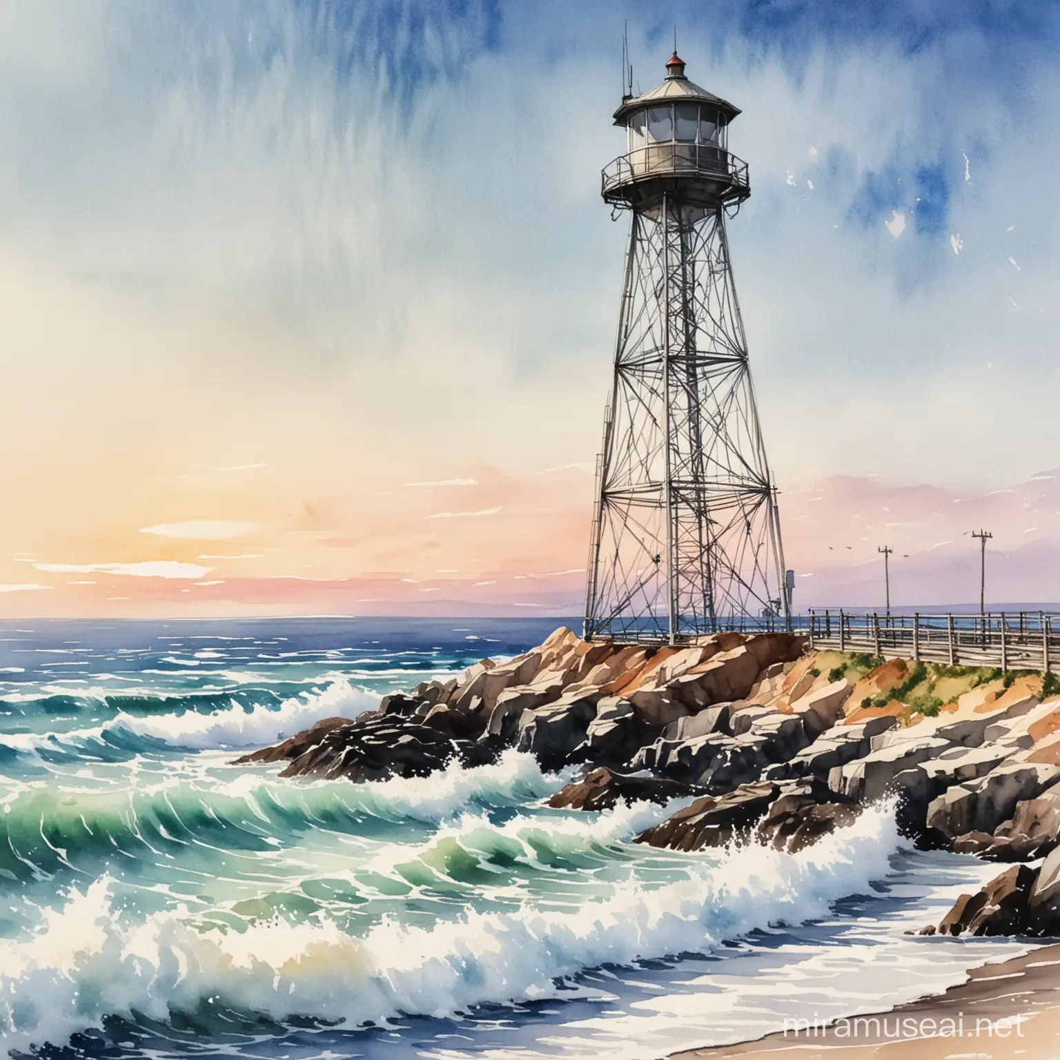 Scenic water Color picture of a light tower close to the ocean
