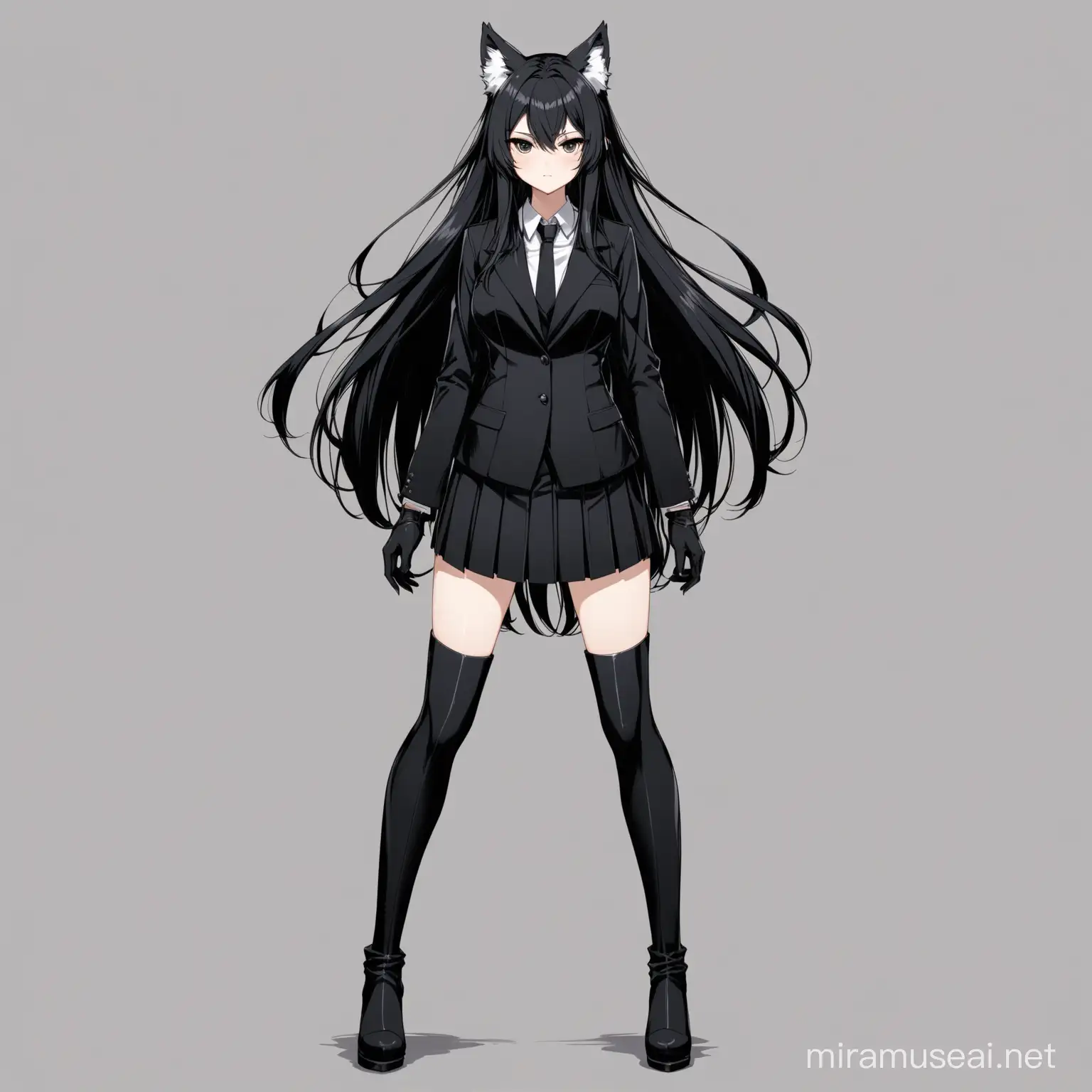 full body view, tall girl, wolf girl, wolf ears, white ear tufts, black eyes, long hair, black hair, short black suit coat, short black pleated skirt, black gloves, long sleeves, black tall thigh boots, neutral expression, looking at viewer