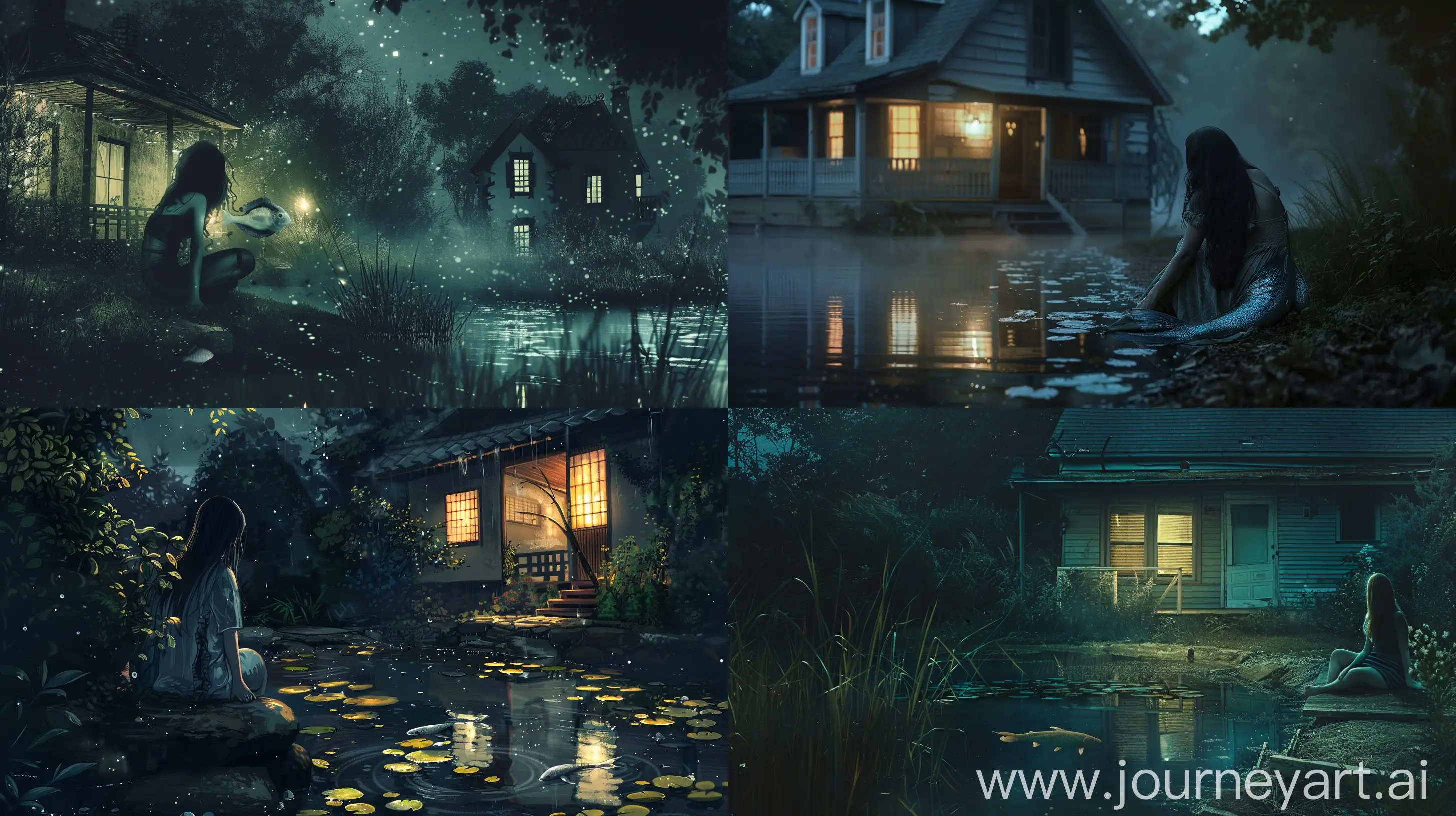 /imagine prompt: Half-fish woman sits behind the house at night next to the pond::3 --aspect 16:9 