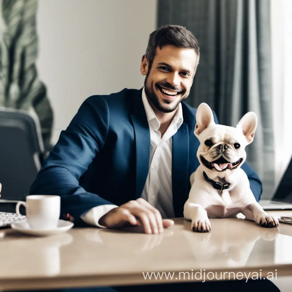 Grab an image of a super micro Royal Frenchel from royalfrenchel.com and create an image of the dog with their beloved person at a business meeting and the person being very happy that her dog is with her