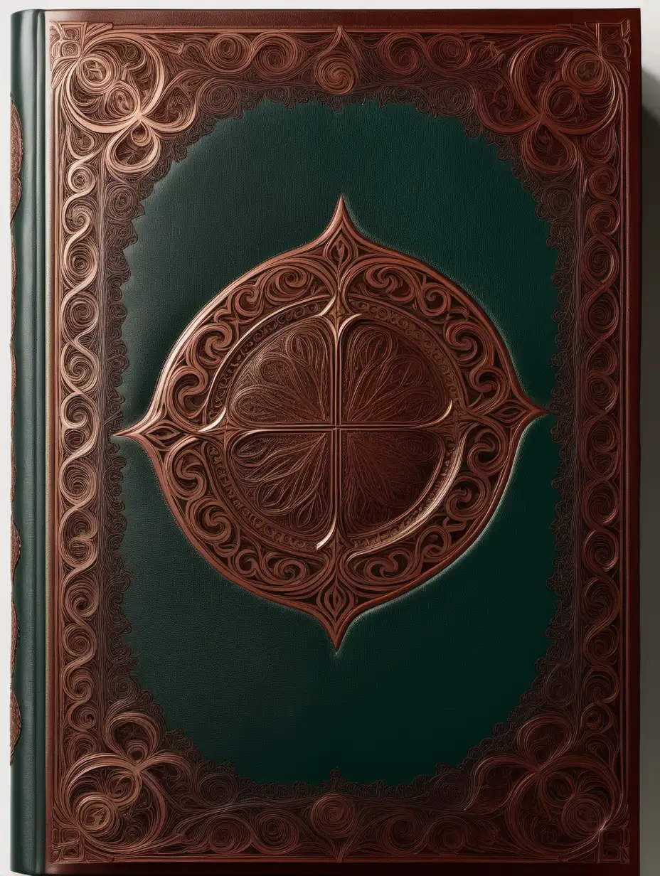 blank book cover in leather with a central negative space, and being the color of titan; with an intricate, elegant, stamped border around the central negative space.
