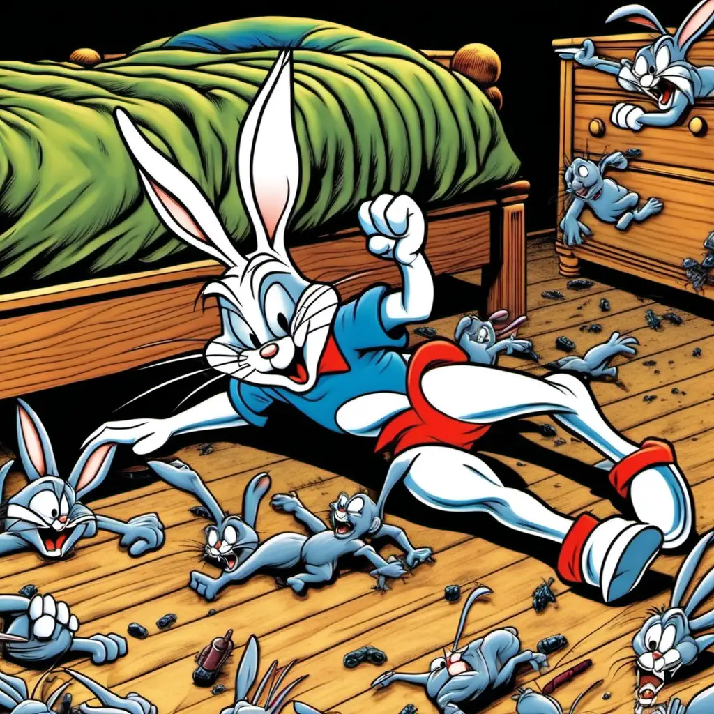 Bugs Bunny Defeating Bedtime Monsters Playful Cartoon Art