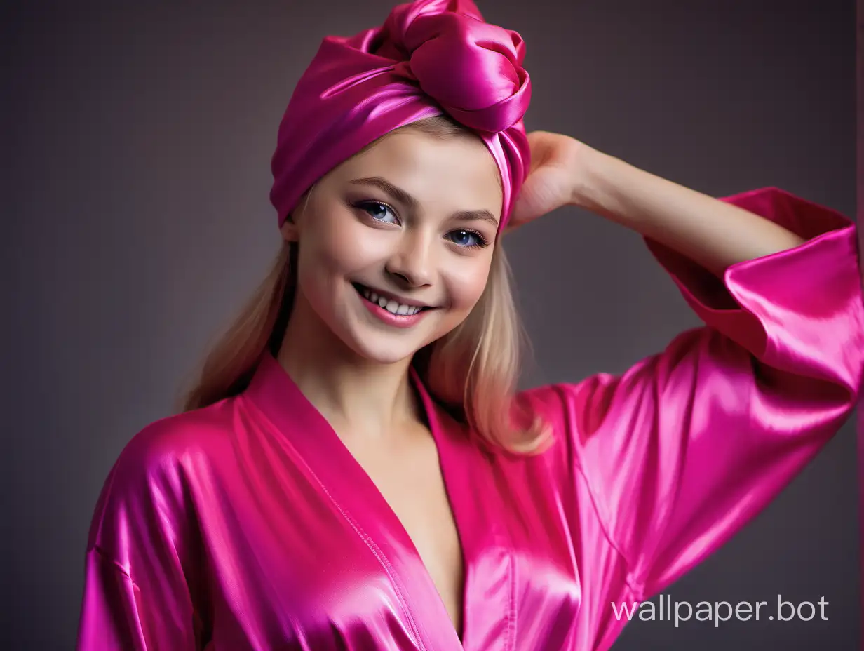 Sexy Yulia Lipnitskaya with long straight silky hair beautifully Smiling in Pink Fuchsia Silk Robe with sexy décolleté with pink silk tower turban