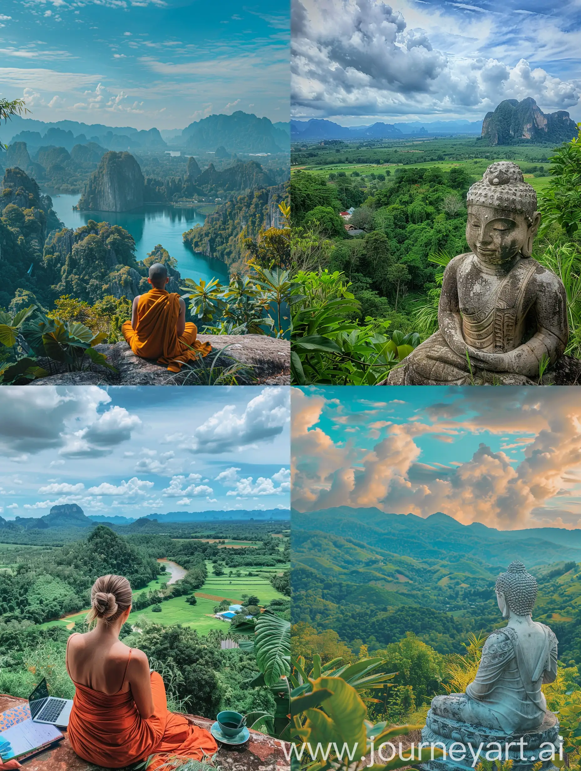 Please generate the front cover image of a Linkedin article titled "Oh My Buddha: reflections on digital nomadism, it is set in Thailand, it should be about working remotely from a lush nature landscape. IT is my field of work.