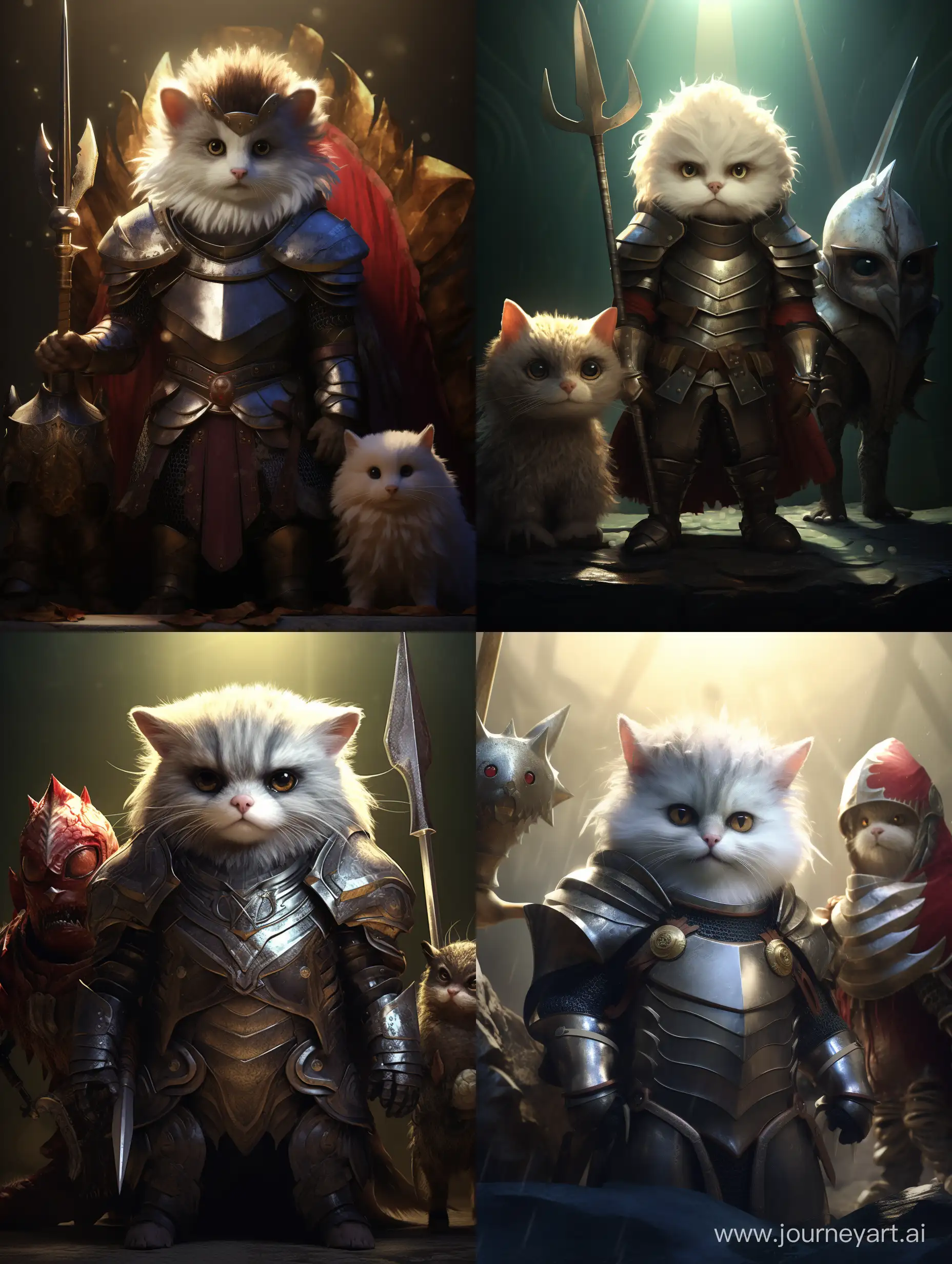 A knight cat in shark skin armor, a little hedgehog and a cute goose against an evil shadow