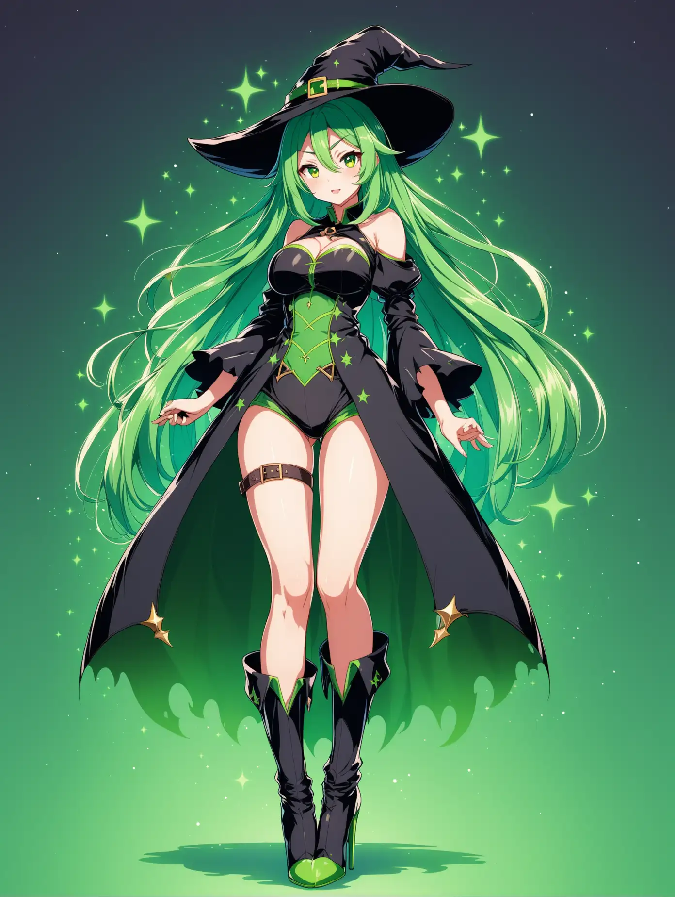 Full body image of a hot anime witch girl with green hair wearing high heels boots
