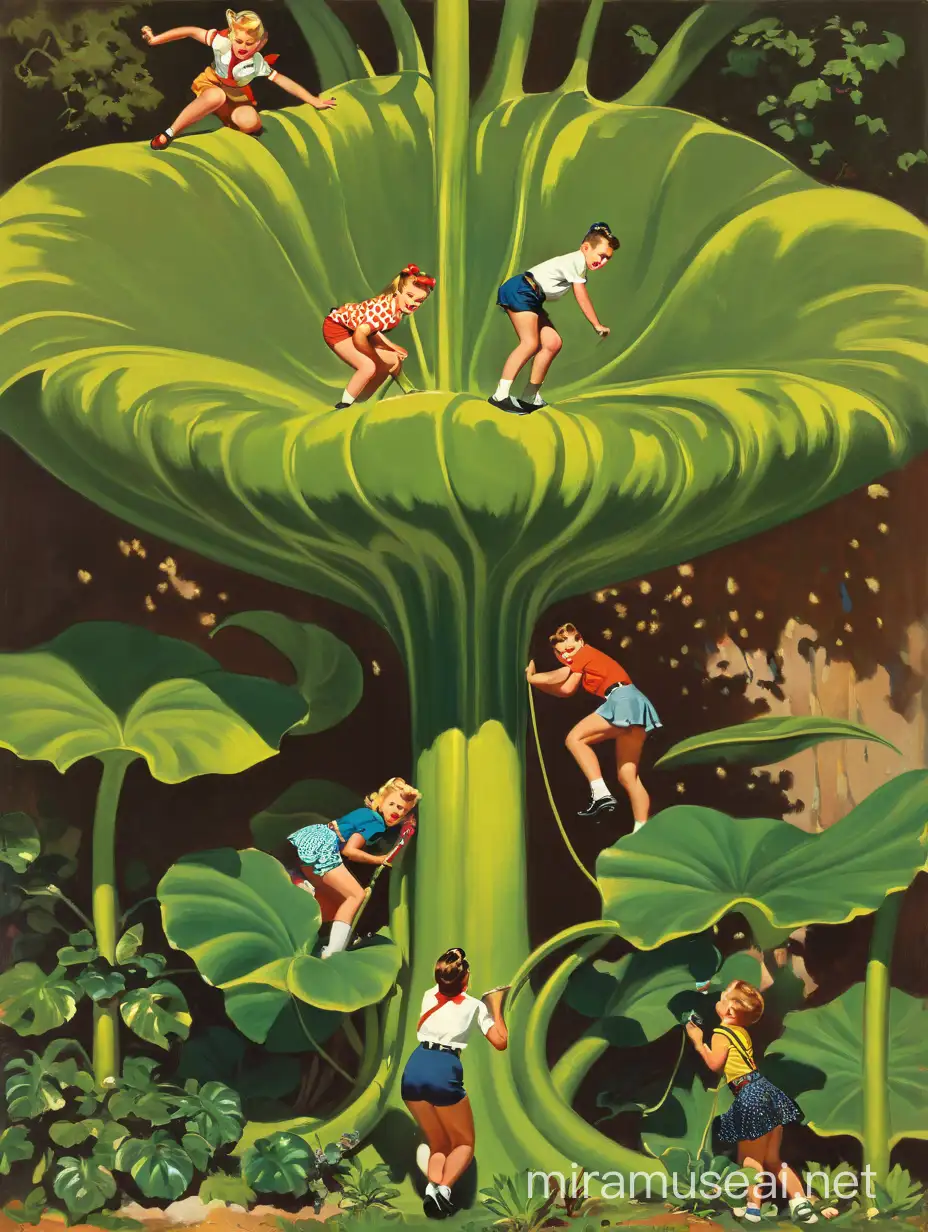 Children playing around a giant plant seen in the uploaded image. Some are climbing up and some have reached the top and fallen inside. Make it humorous and light hearted. Paint them in the flat colorful style of Gil Elvgren and other colorful pinup artists of the 1950s. 