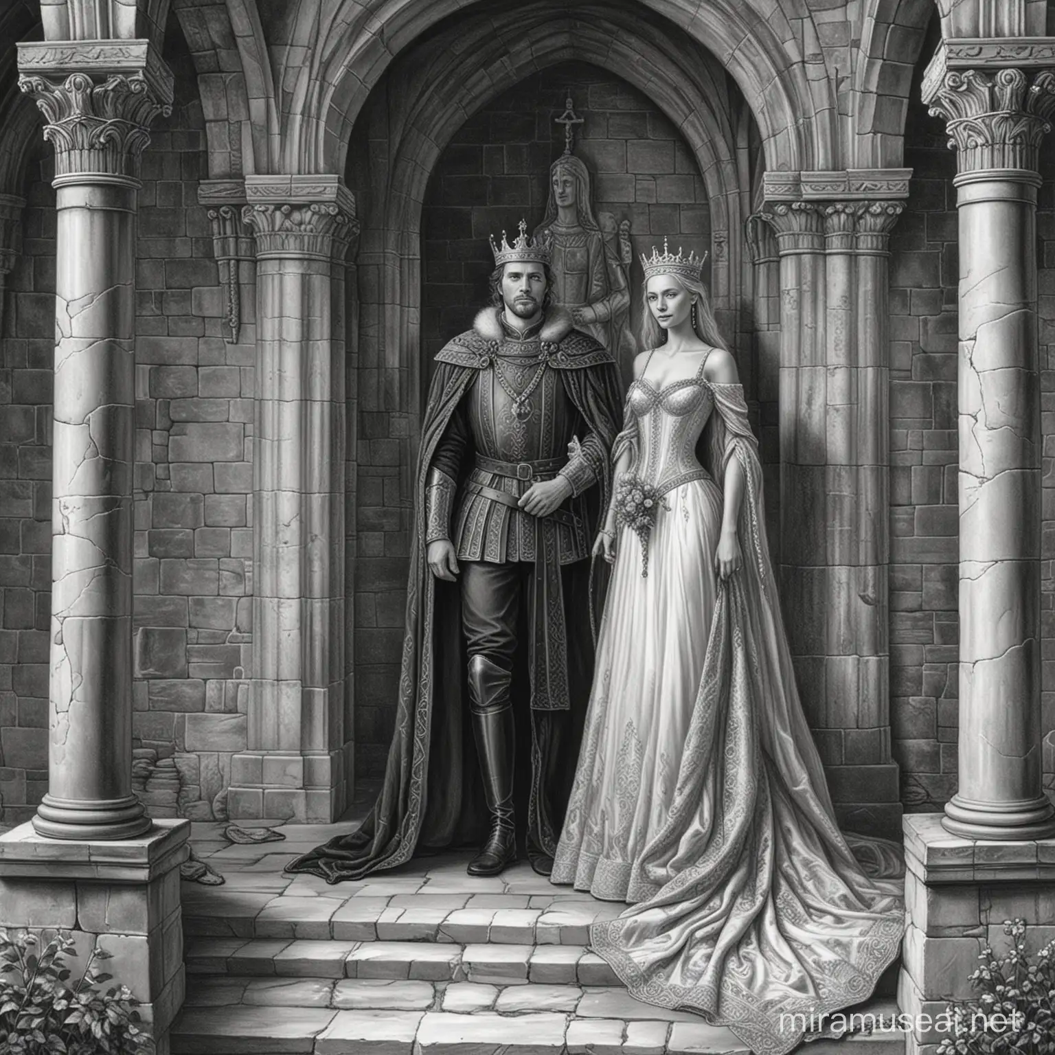 Dibujo estilo medieval en blanco y negro del rey y la reyna en su castillo