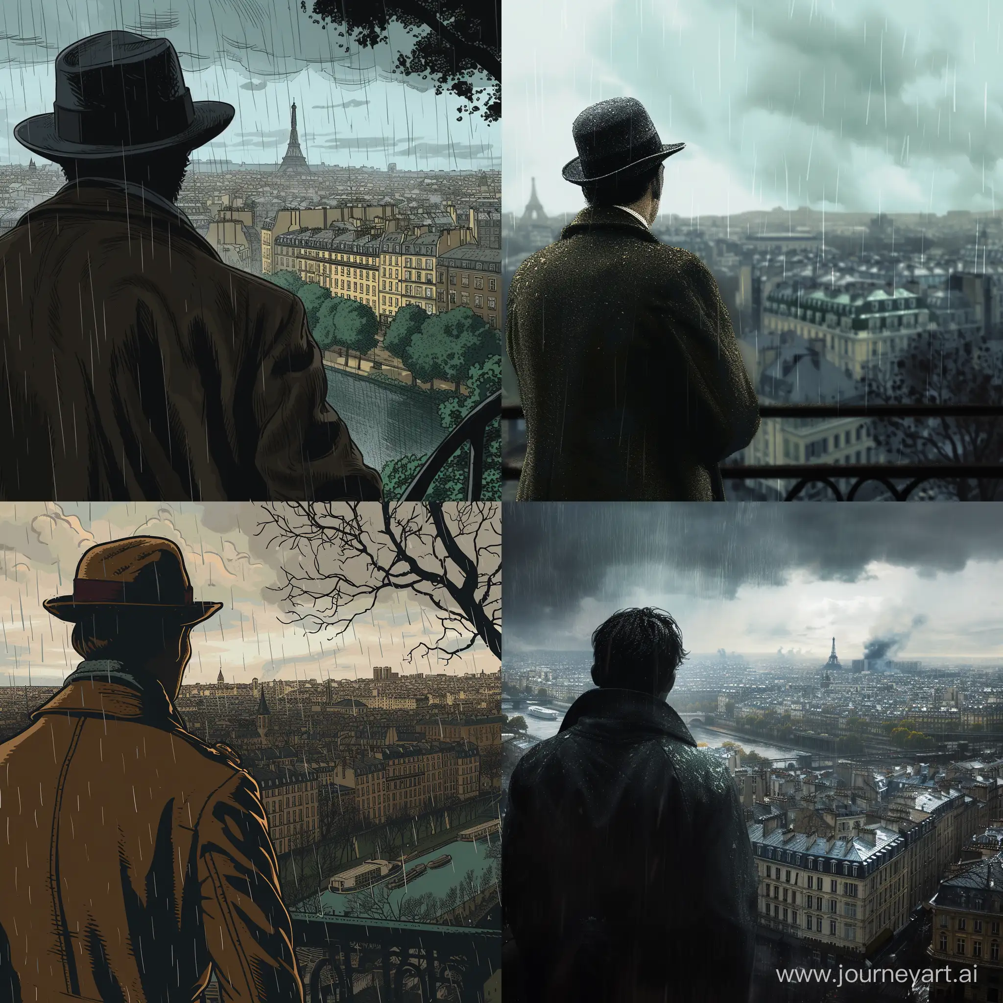 A French citizen looks at the landscape against the background of the city during the 30s. It's raining in the background. In color 
