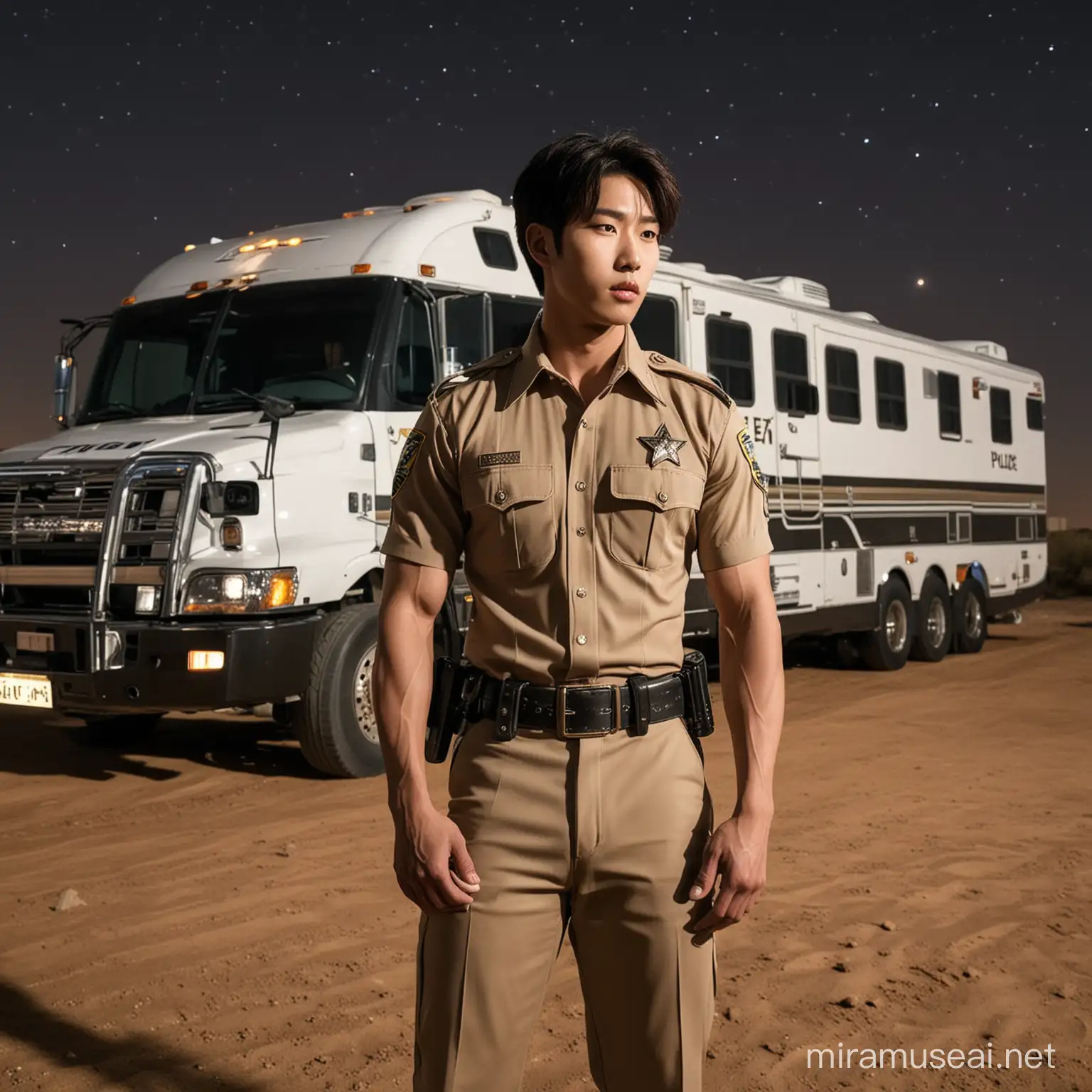 Vert Tall muscular huge boner Korean boy wearing sheriff uniform in desert at night next to police motor home 