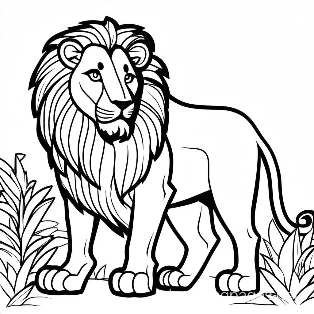 lion, Coloring Page, black and white, line art, white background, Simplicity, Ample White Space. The background of the coloring page is plain white to make it easy for young children to color within the lines. The outlines of all the subjects are easy to distinguish, making it simple for kids to color without too much difficulty