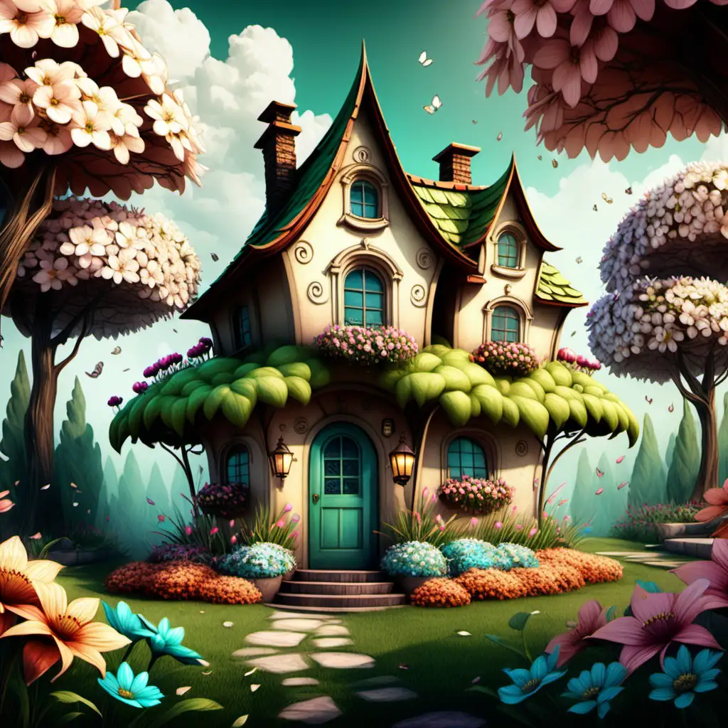 An illustration of beautiful spring house with big flowers.
Spring colors.
High quality.
HD.
Fantasy style.