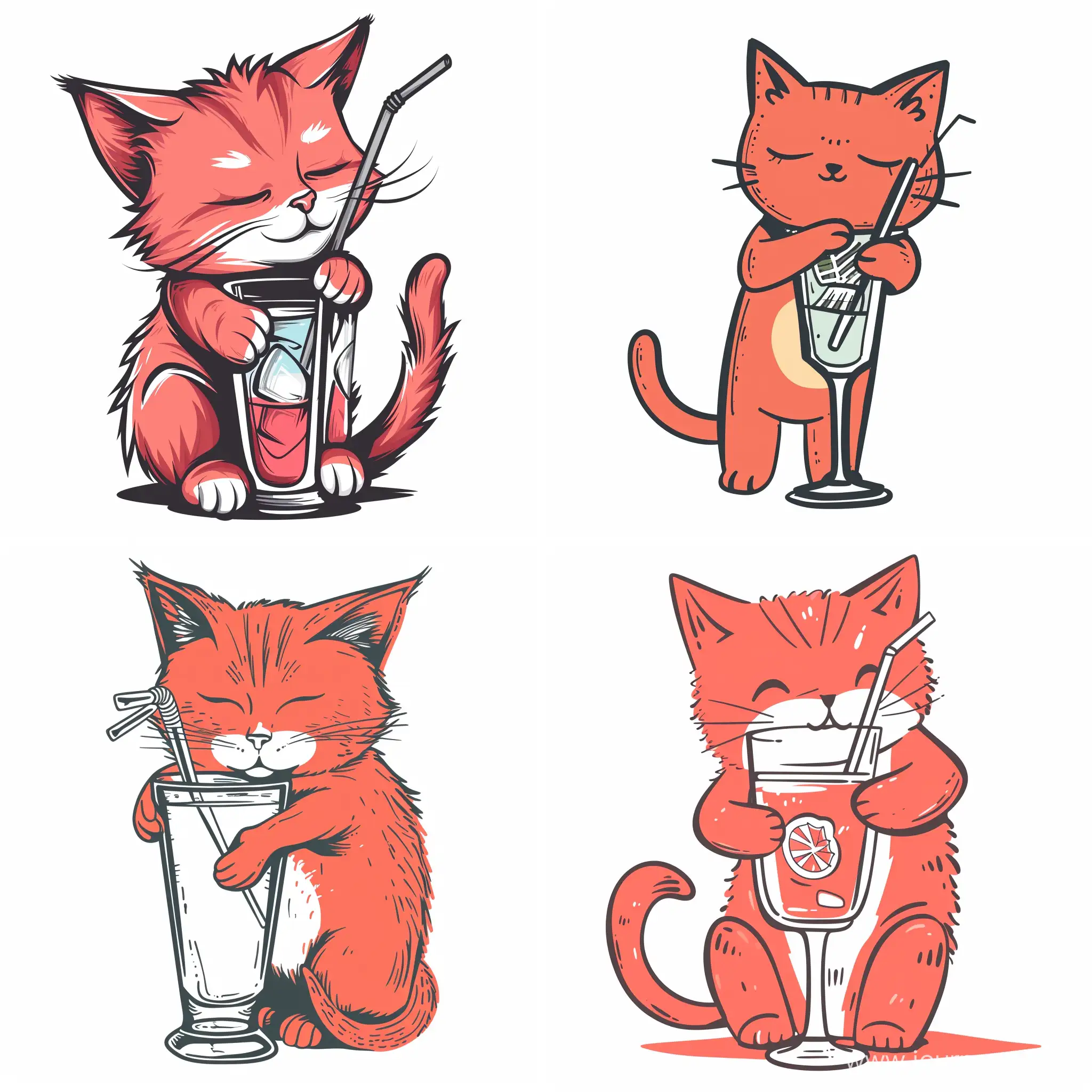 A very minimalistic cartoon monochrome red kitten hugging a glass with a cocktail and a straw on a white background