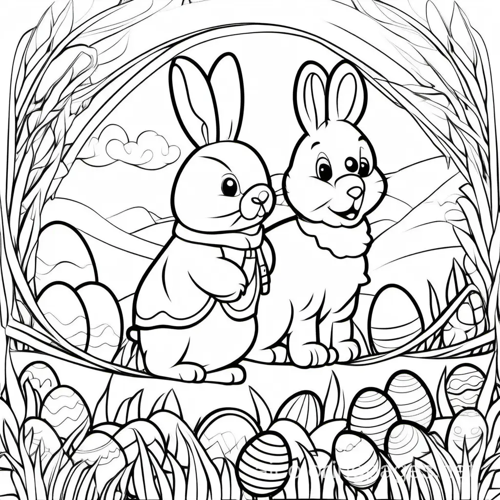 Easter Theme, Coloring Page, black and white, line art, white background, Simplicity, Ample White Space. The background of the coloring page is plain white to make it easy for young children to color within the lines. The outlines of all the subjects are easy to distinguish, making it simple for kids to color without too much difficulty, Coloring Page, black and white, line art, white background, Simplicity, Ample White Space. The background of the coloring page is plain white to make it easy for young children to color within the lines. The outlines of all the subjects are easy to distinguish, making it simple for kids to color without too much difficulty