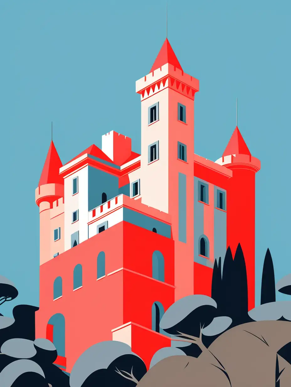 chateau roquebrune cap martin, big castle, in the style of cubist elements, four colors max, flat perspective, light blue and light red, grid, ad posters, pop art, minimalism, birds-eye-view
