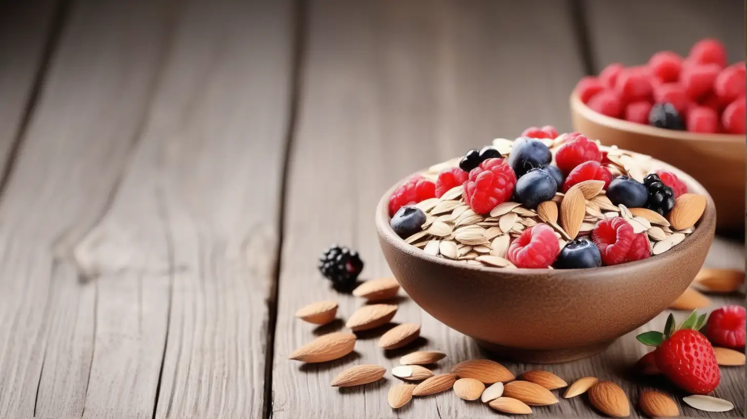 fruit berry and almond, Grains in bowl on wooden background, copy space