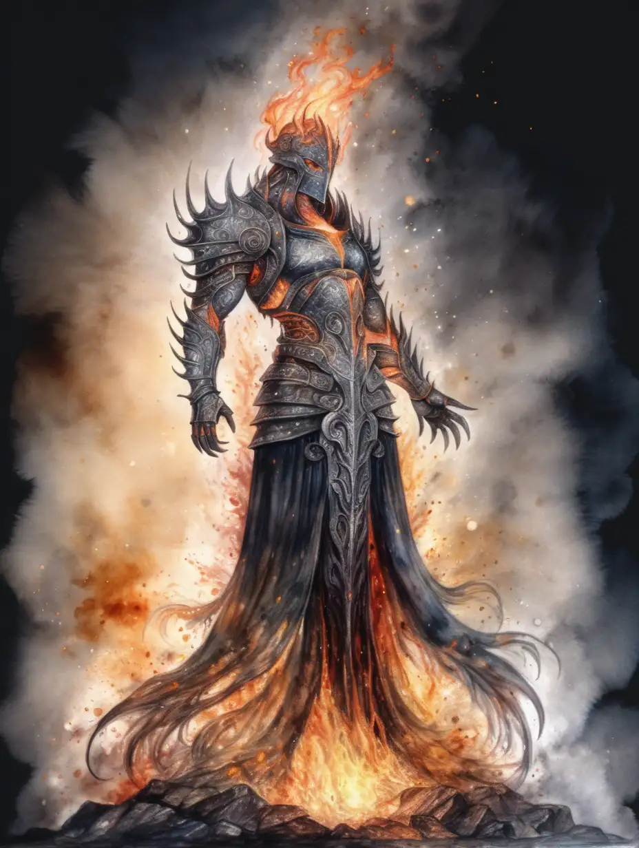 Enigmatic Giant Cinder Being Mysterious Dark Watercolor Illustration