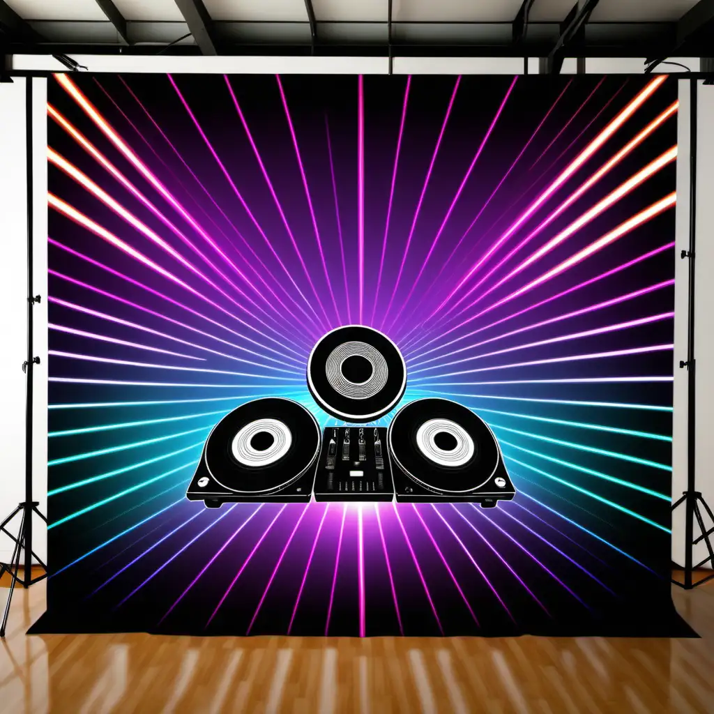 Vibrant DJ Backdrop with Colorful Light Patterns and Silhouette Figures