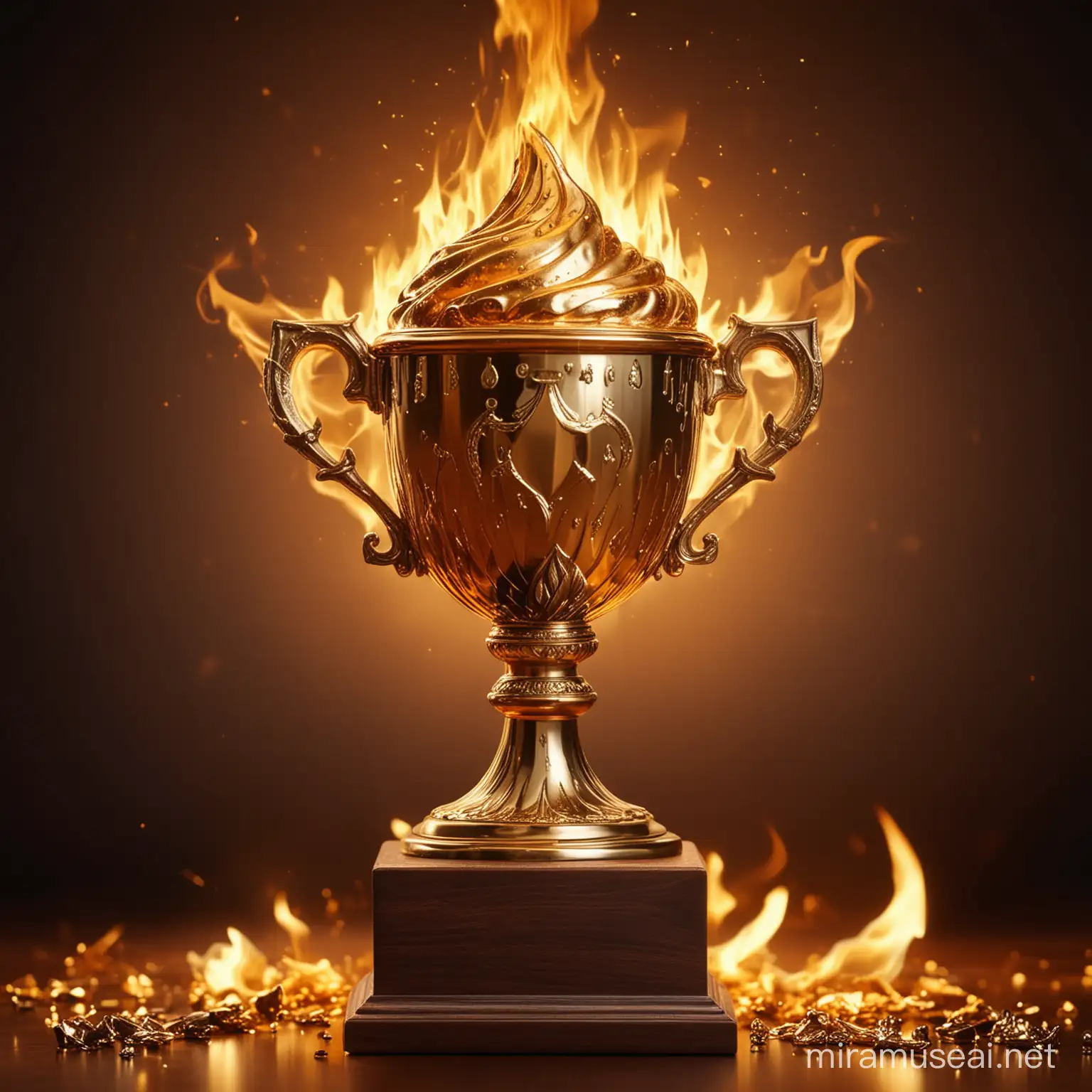 golden trophy with a golden piece of shit on top of it, the background is fire flames, luminous image