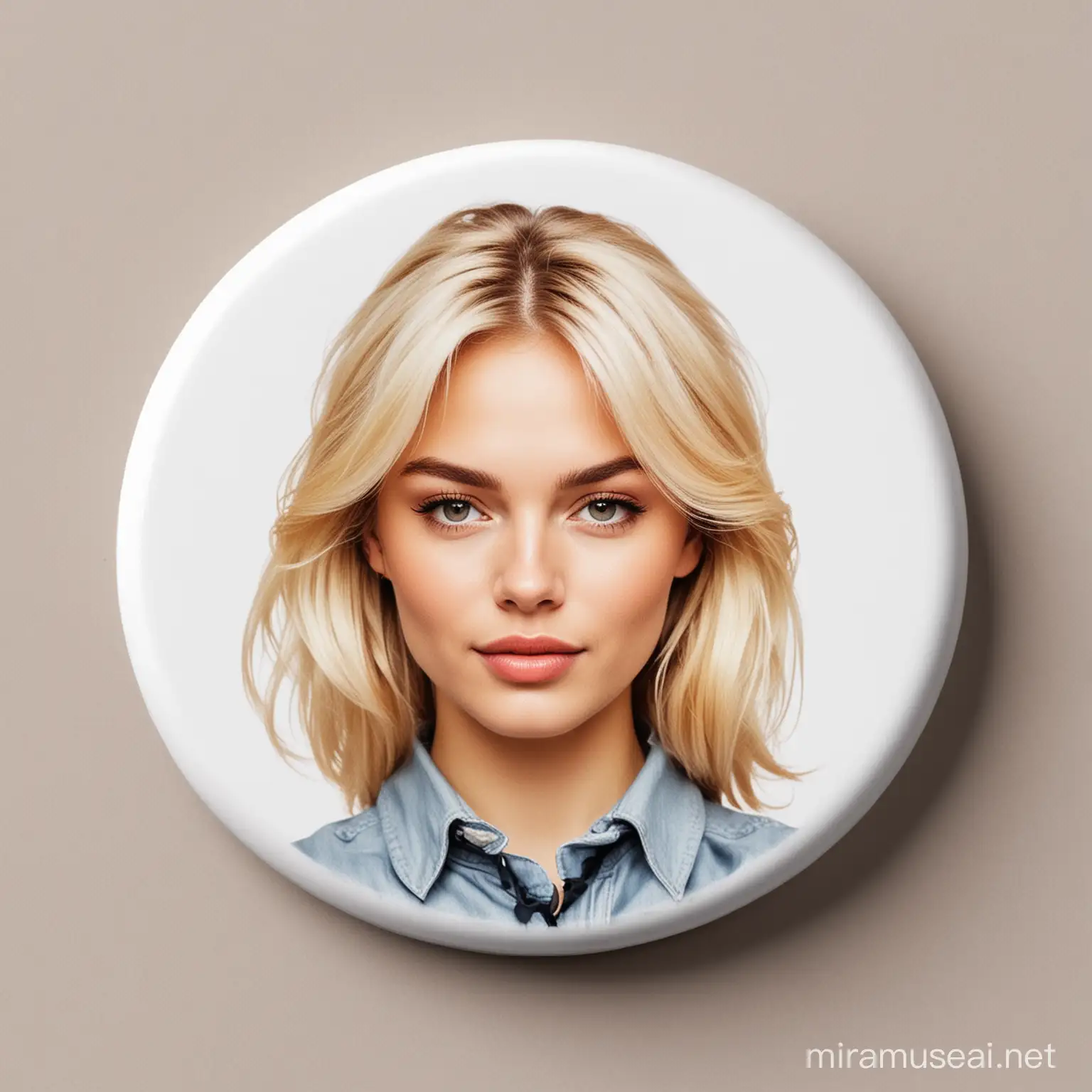 A circular badge with the head of a WOMEN on it Blonde and beautiful
