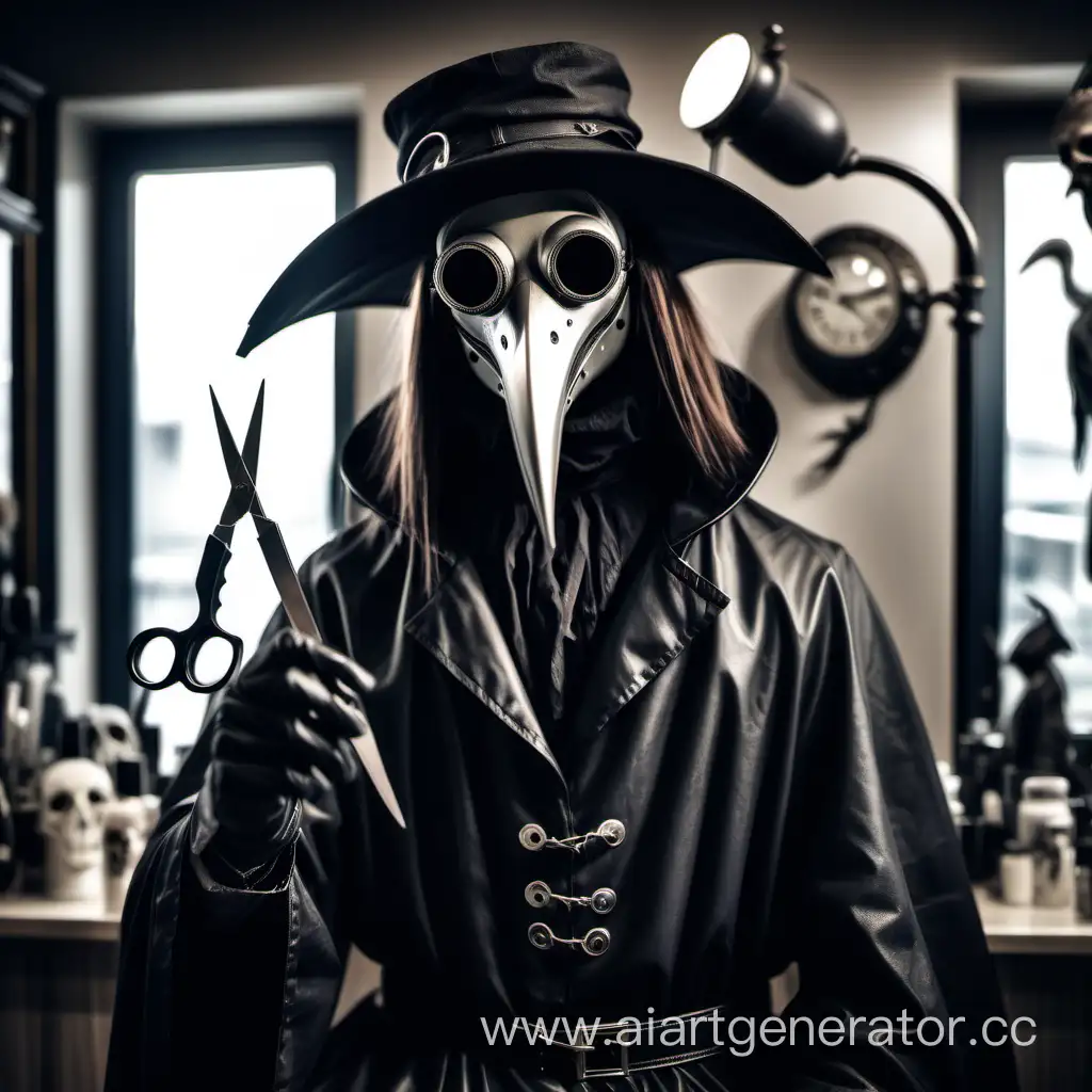 Gothic-Plague-Doctor-Styling-Hair-with-Scissors-in-Dark-Salon