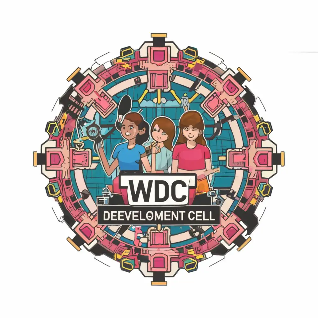 a logo design, with the text 'Women development cell', main symbol: a logo design, with the text 'women development cell', main symbol: Inside a 3D electronics circuit, two girls are standing with a book and a girl is standing with a drone project and other girls are learning and with a light pink star background and a title of 'WDC MECHATRONICS' and no boys, Moderate, clear background with a proper girl face
