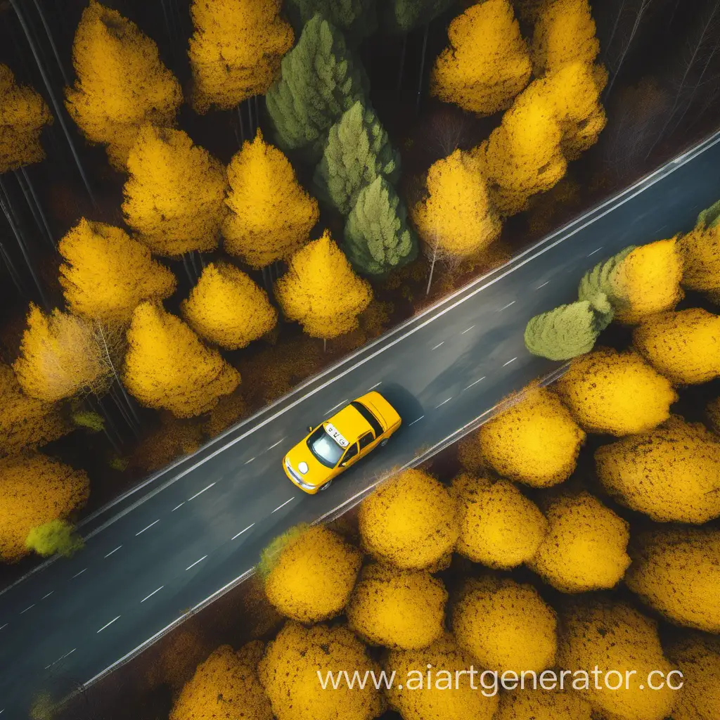 Scenic-Forest-Drive-Aerial-View-of-Yellow-Taxi-on-Serene-Road