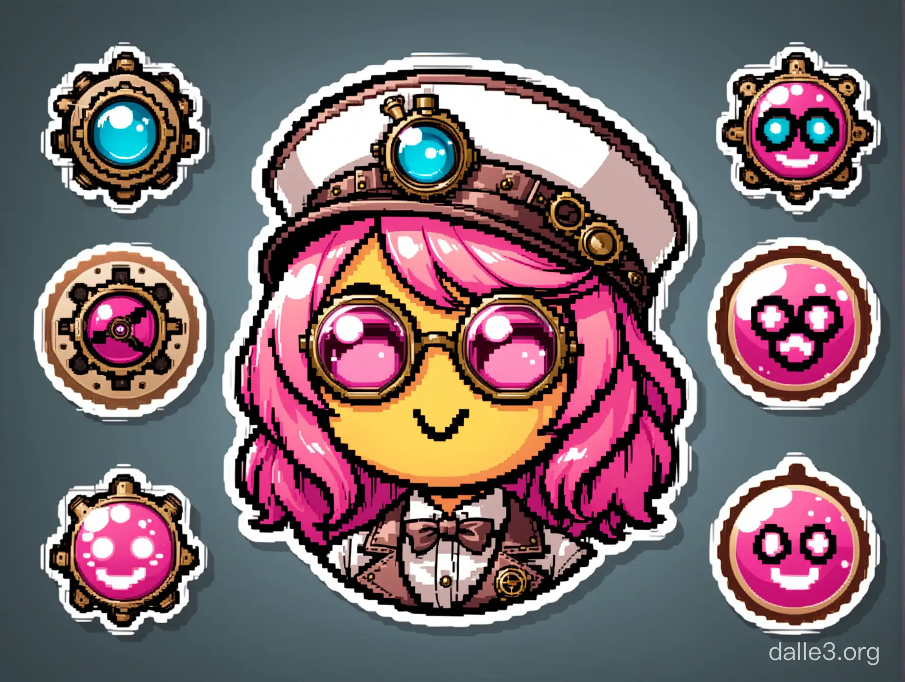 Sticker mad pink scientist emoticon in steampunk style