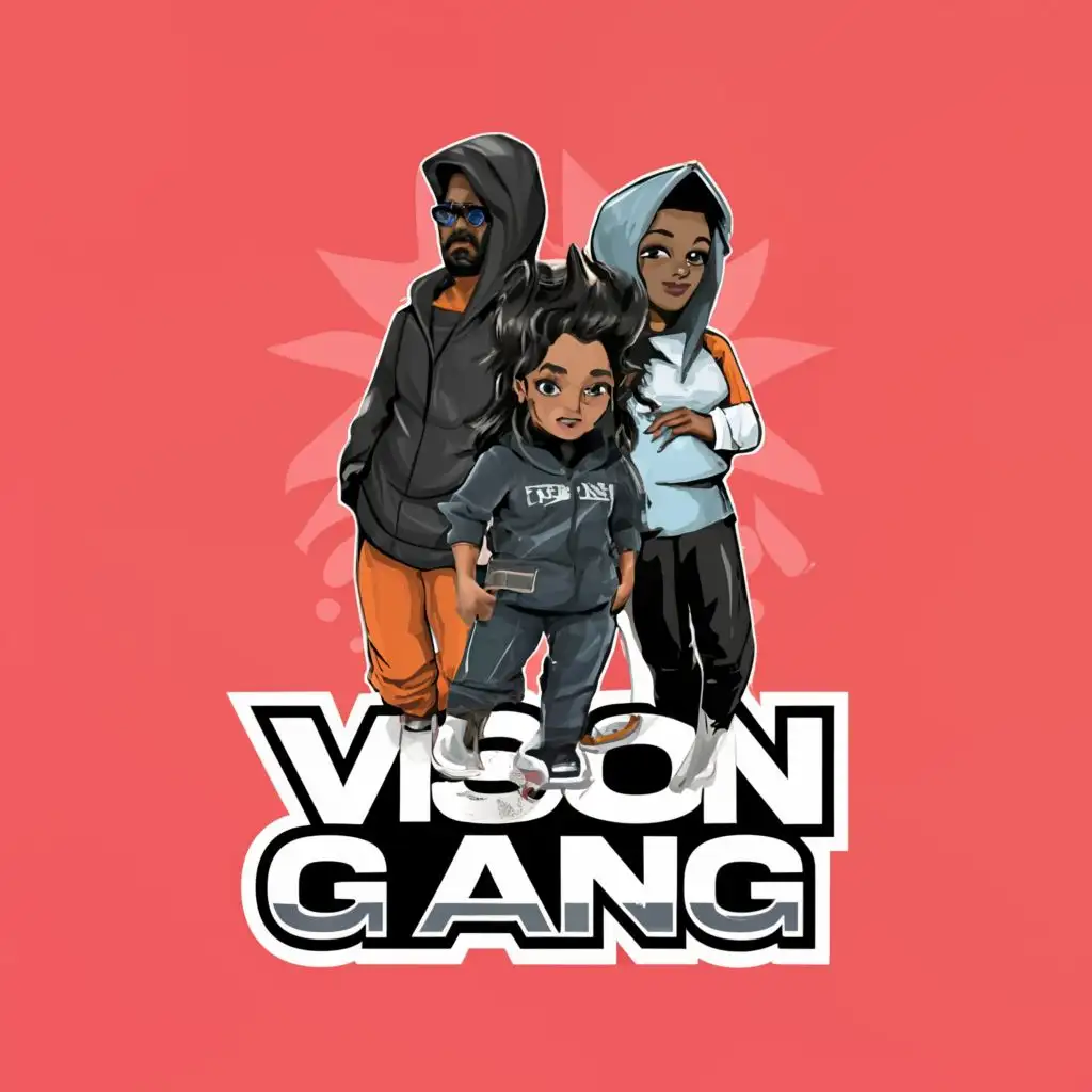 logo, Typography, black Guys and girl
 standing with hoodie on,, with the text "Vision Gang", typography