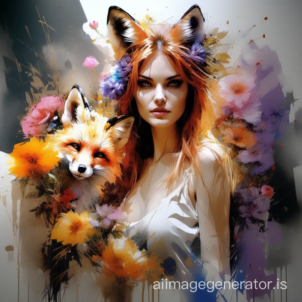 The style of painting by Michael Garmash, Carne Griffiths. Beautiful fox, different colors with flowers in spring. 3D watercolor, detailed matte painting, deep color, fantastic, complex details, screensaver, additional colors, fantasy concept art, trends in 8k resolution. on Artstation Unreal Engine 5