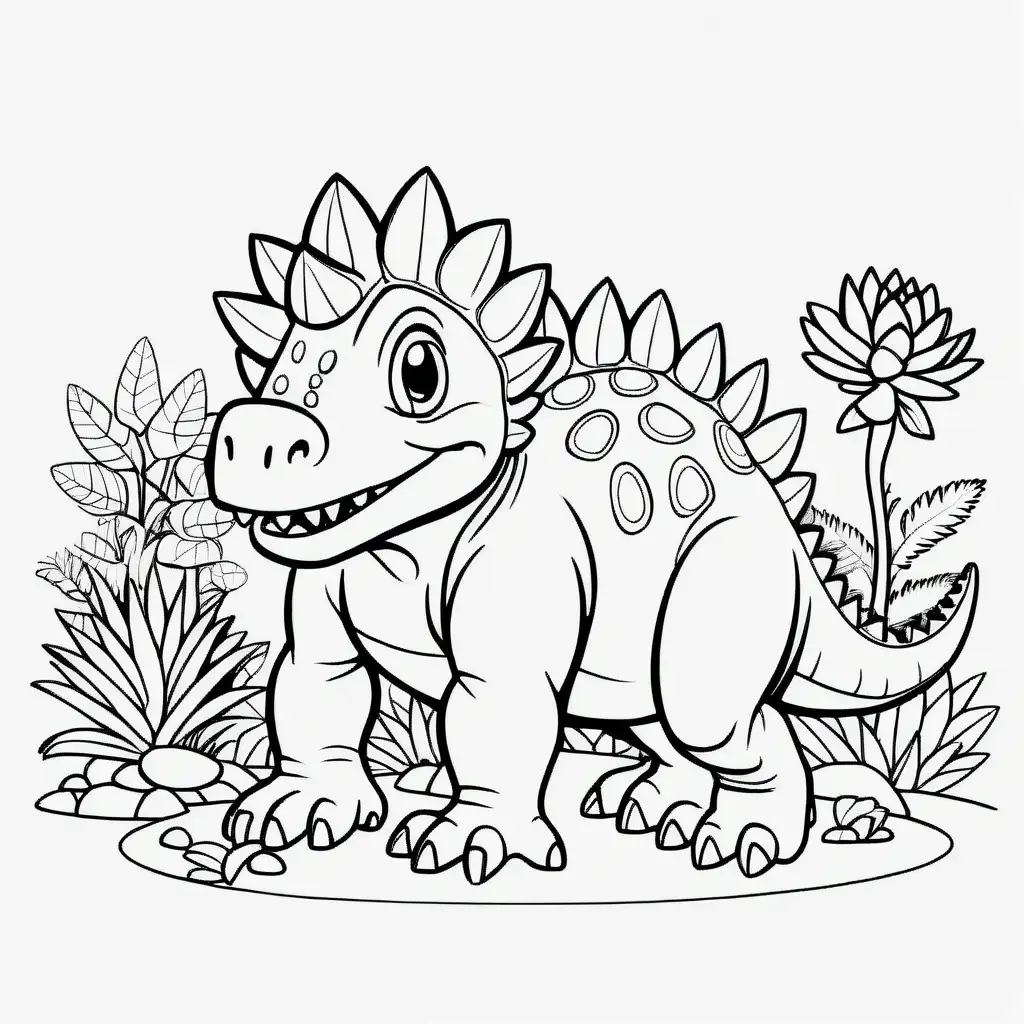 Friendly Ankylosaurus Gardening Black and White Outline Art for Kids Coloring Book Page