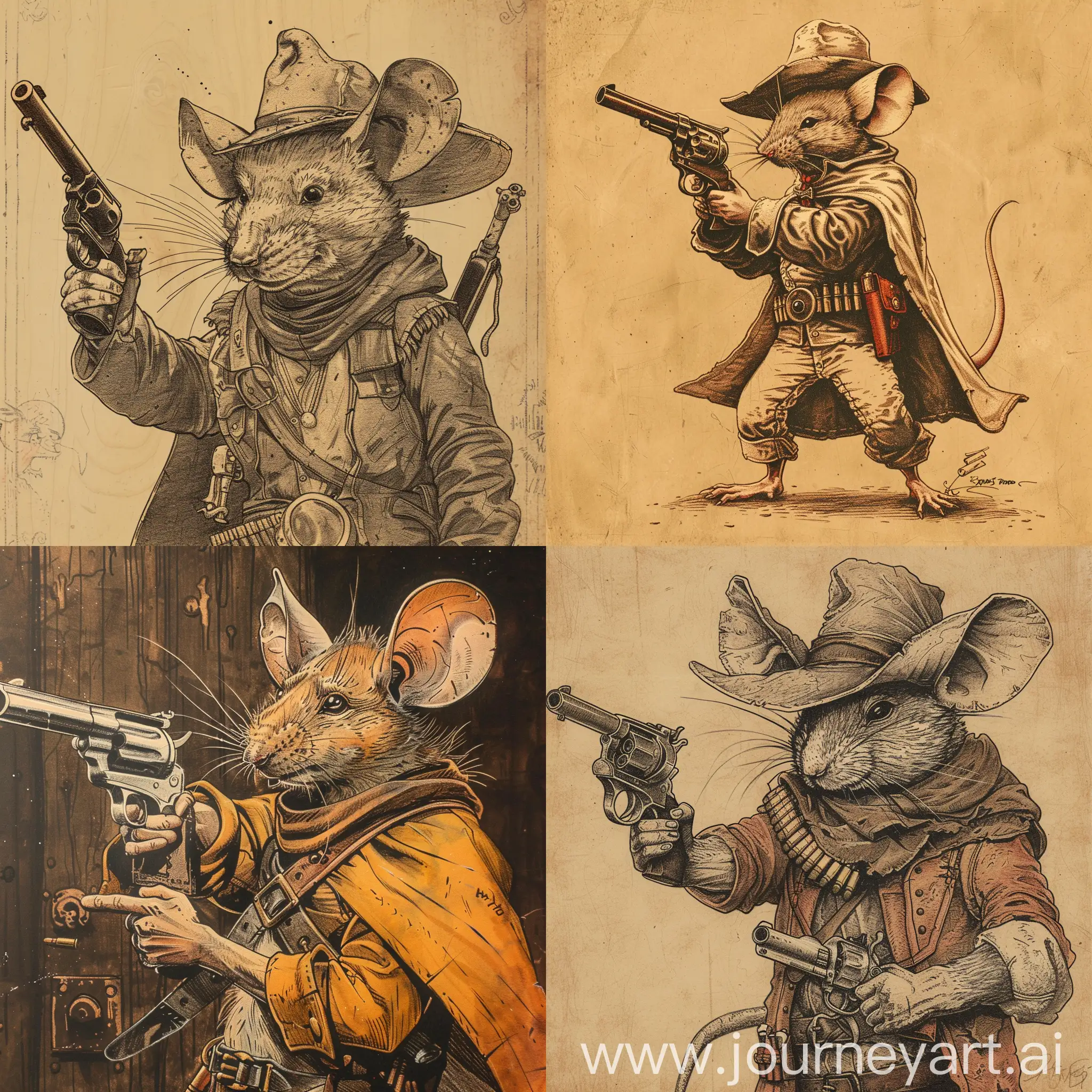 1970's dark fantasy book cover paper art dungeons and dragons style drawing of a mouse in gunslinger attire holding a revolver