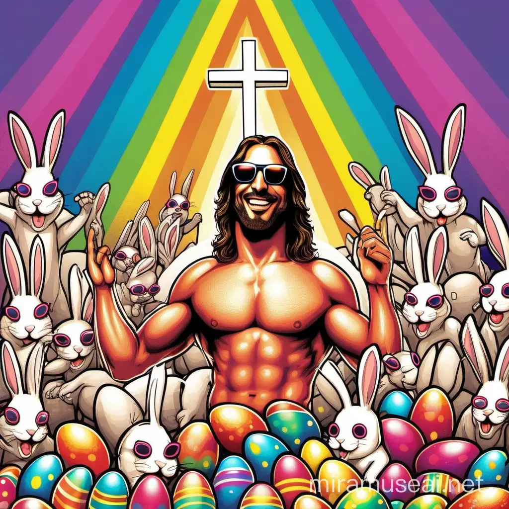 Joyful Easter Celebration with SunglassesWearing Rabbits and Colorful Eggs