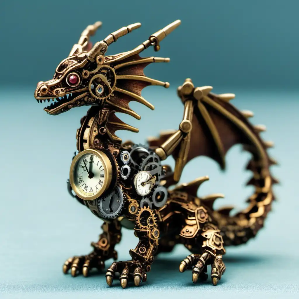 Adorable Tiny Clockwork Dragon Sculpture on Rustic Wooden Surface
