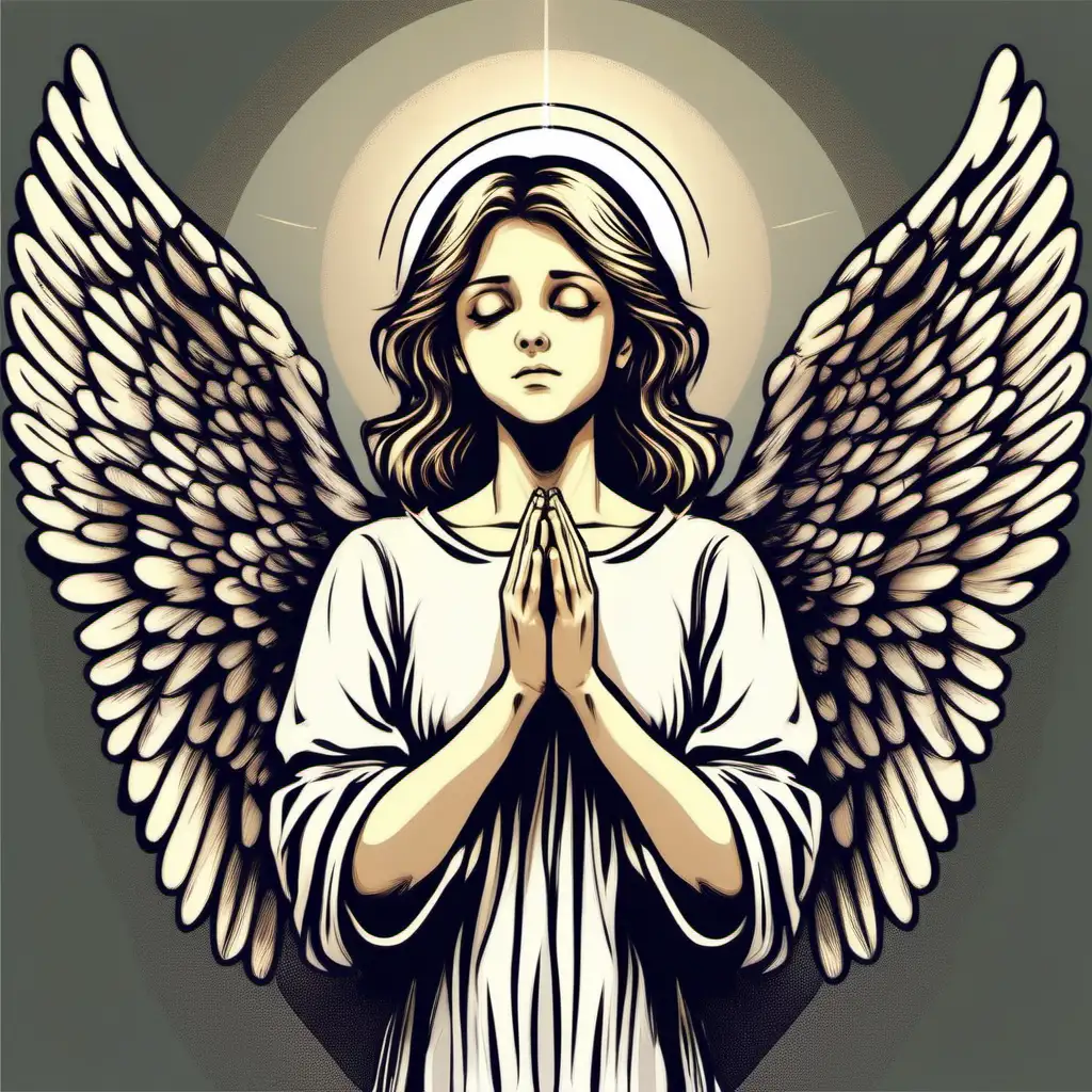 an angel girl with praying hands looking up, moody colour, vector art, 2d, uncut wings background