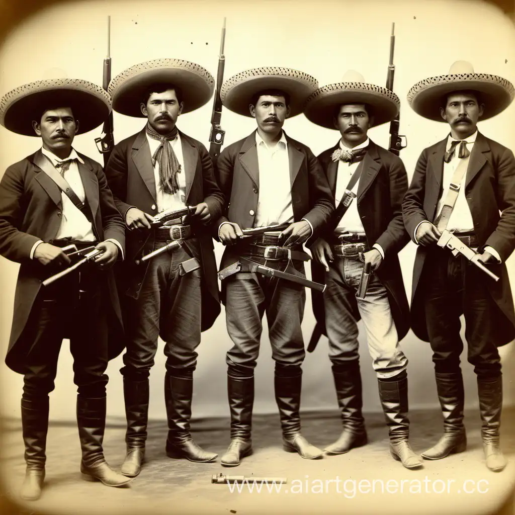 Mexican bandits in sombreros with weapons galore, 1900s, consisting of 8 individuals