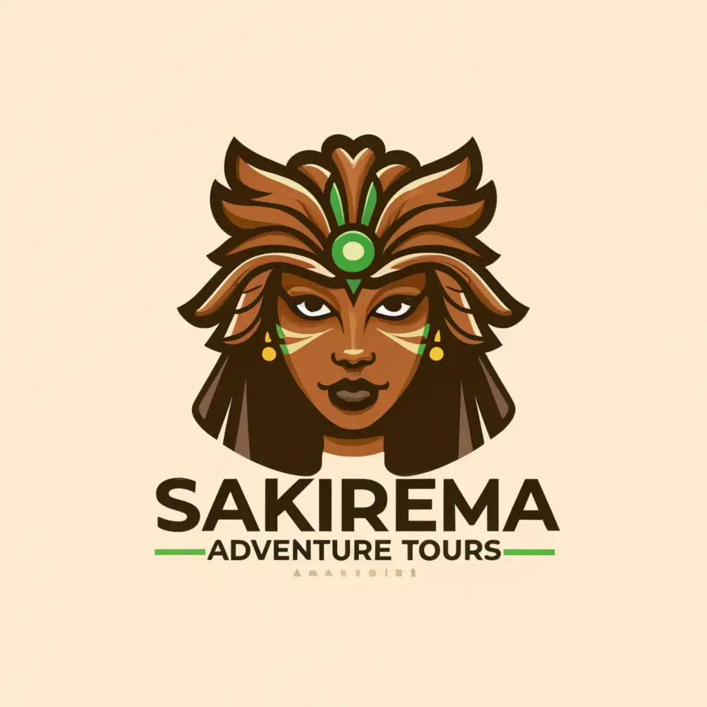a logo design, with the text SAKIREMA ADVENTURE TOURS, main symbol: face of sexy brown-skinned jungle goddess, with green eyes and tribal face paint, Moderate, to be used in Travel industry, clear background