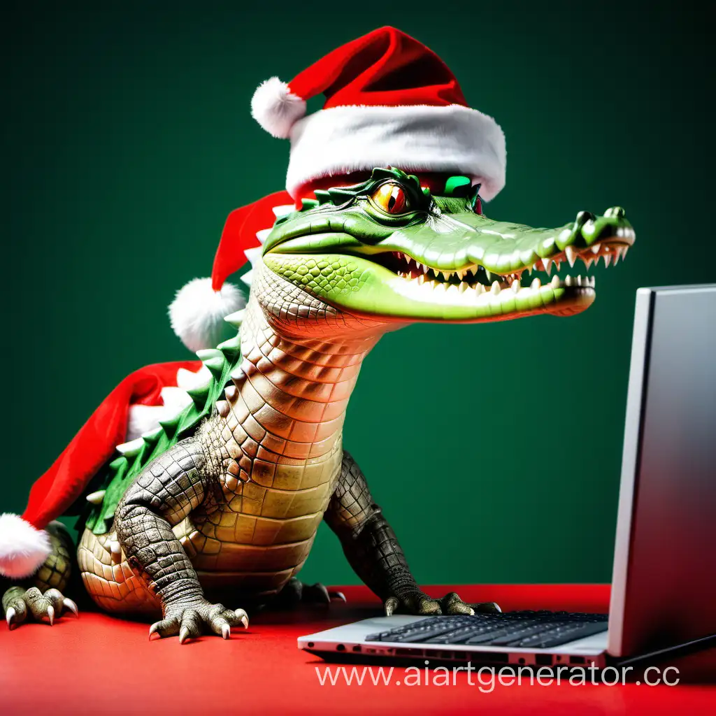 crocodile in x-mas hat looking in computer
