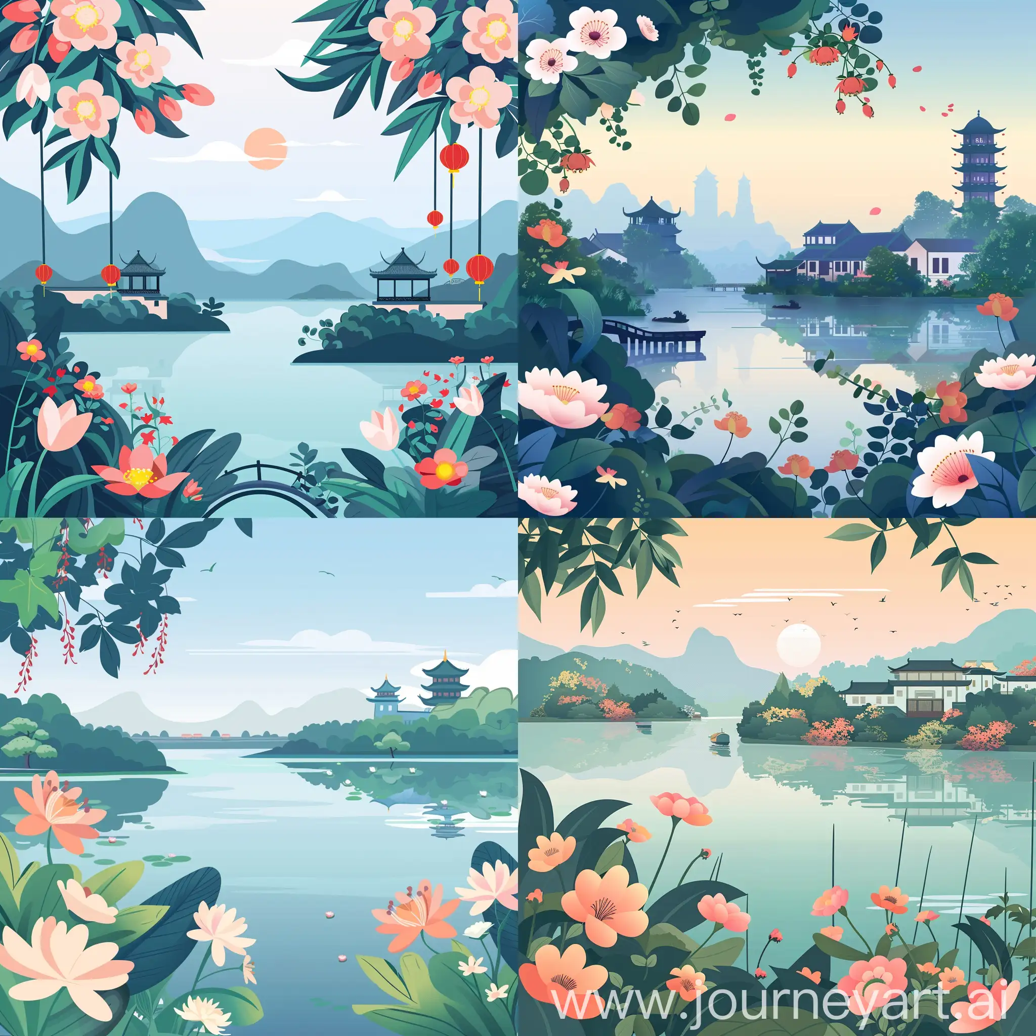 Flat illustration of Beautiful Hangzhou, with flowers and scenery, during the day, high quality details