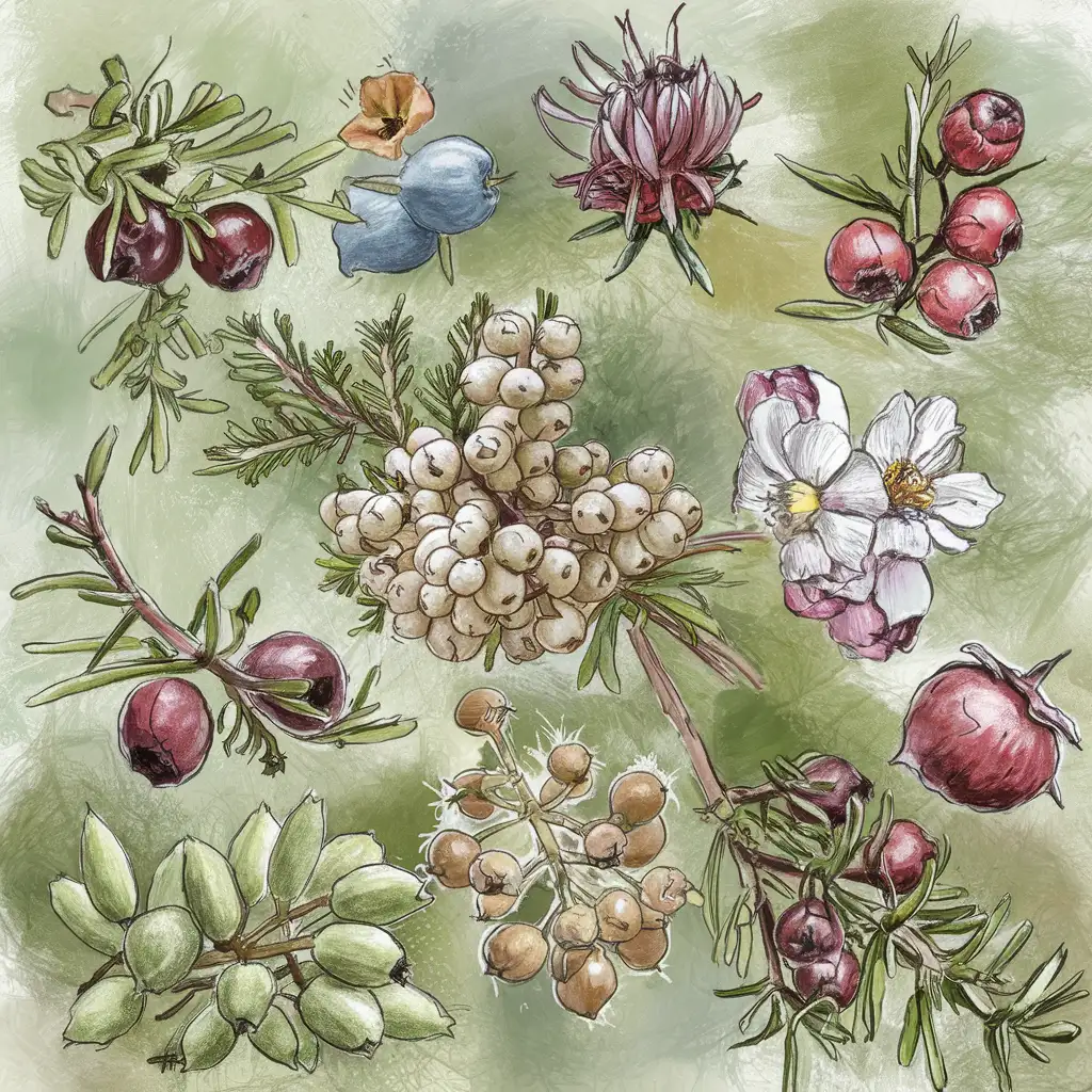skeching art of juniper berryes
and different flowers