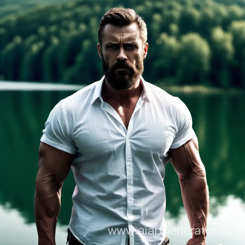 Мускулистый мужчина в белой рубашке с коротким рукавом,с бородой стоит напротив озера и смотрит на камеру очень серьёзным взглядом