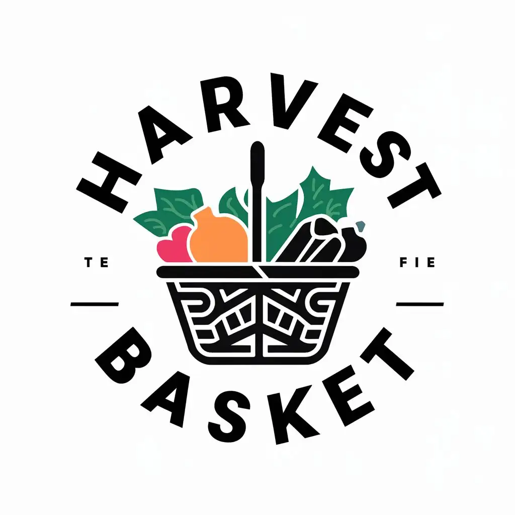 logo, Basket of fruits and vegetables, with the text "Harvest Basket", typography