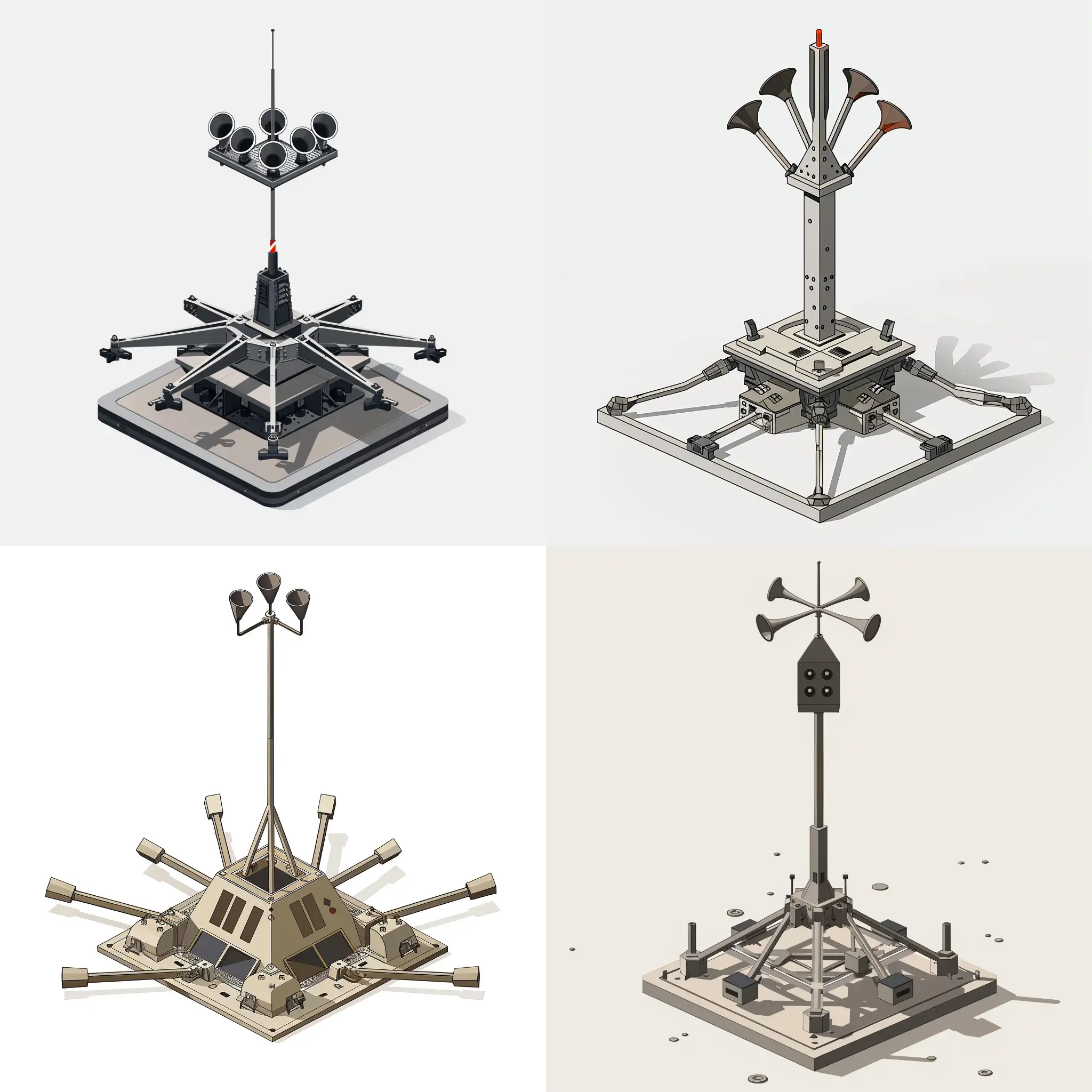 small minimalist simple metallic structure with six metallic arms extended around for ground support with one simple pole structure in the center like a mast with a arrangement of 6 sirens horns on the top of the pole with a triangular body front for hauling attachment tow platform, stencil for Visio, simple minimalist illustration, low detailed, isometric, white background, warning alert, icon type, industrial structure, no futuristic