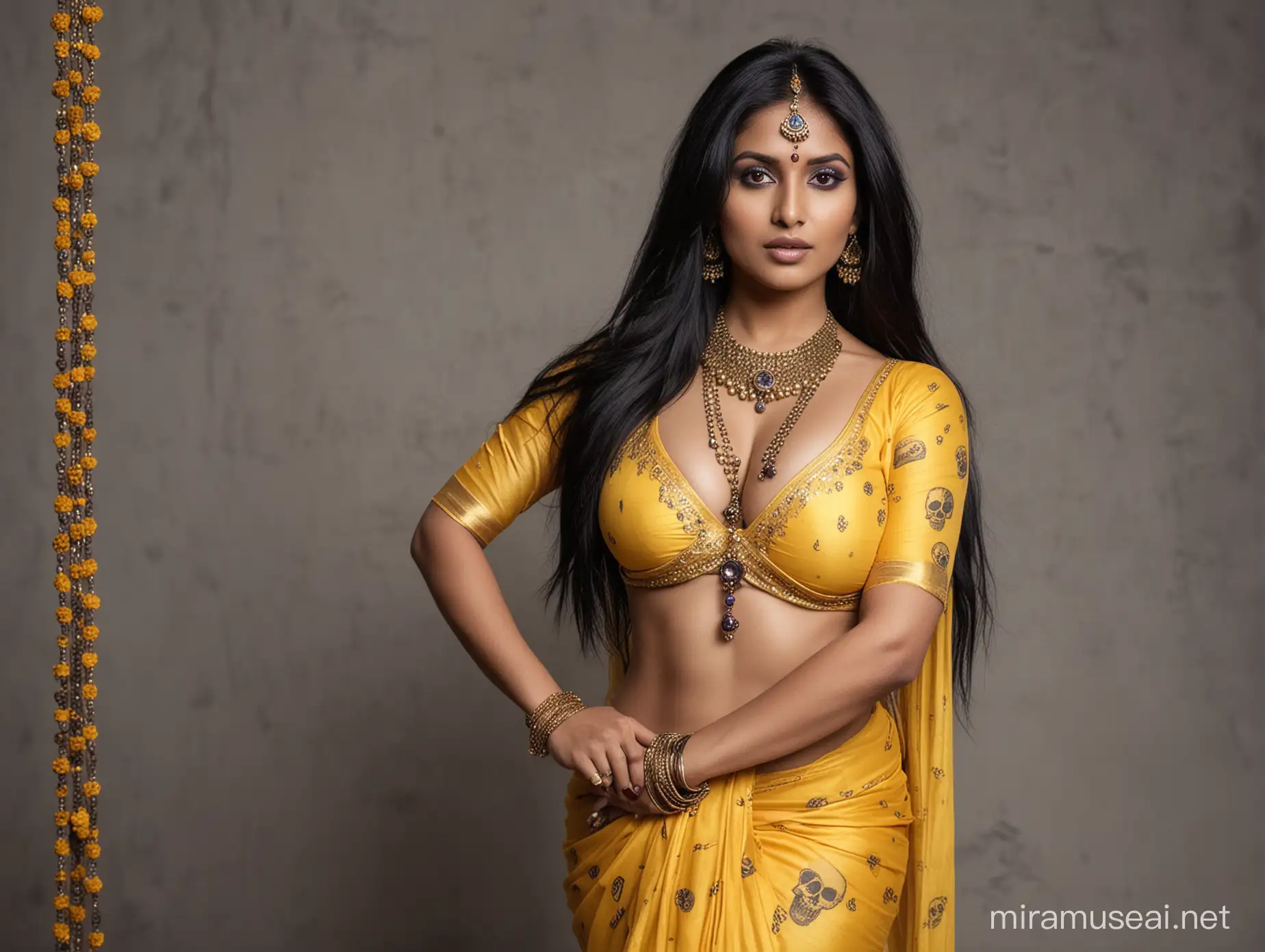 beautiful indian women, large breasts, three eyes, yellow sari with purple, long black hair. necklace  of skulls, full frontal view, seductive
