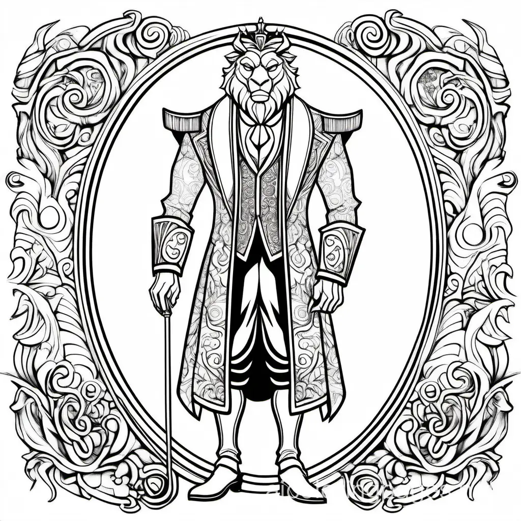 the Beast in his human form, elegantly dressed in royal attire, with a gentle smile., Coloring Page, black and white, line art, white background, Simplicity, Ample White Space. The background of the coloring page is plain white to make it easy for young children to color within the lines. The outlines of all the subjects are easy to distinguish, making it simple for kids to color without too much difficulty
