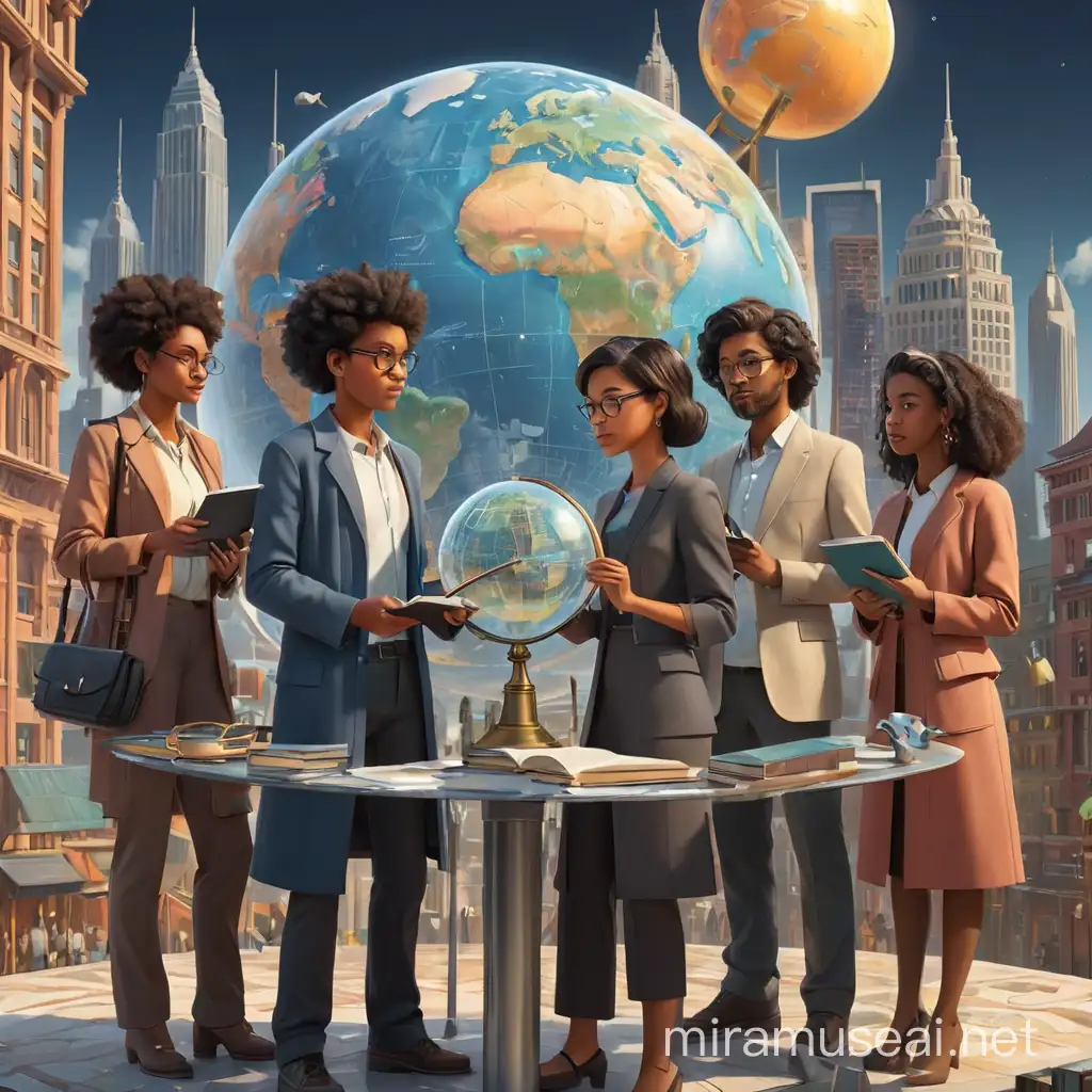 A group of diverse individuals standing around a globe, each holding different research-related objects like a magnifying glass, a computer, a pencil, and a book, symbolizing collaboration, exploration, and diversity of interests within the BCA research group. The background could feature a futuristic cityscape or abstract technology patterns to convey the forward-thinking nature of the group.