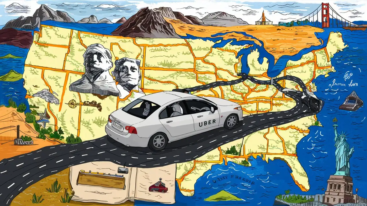 an Uber driving across a map of America