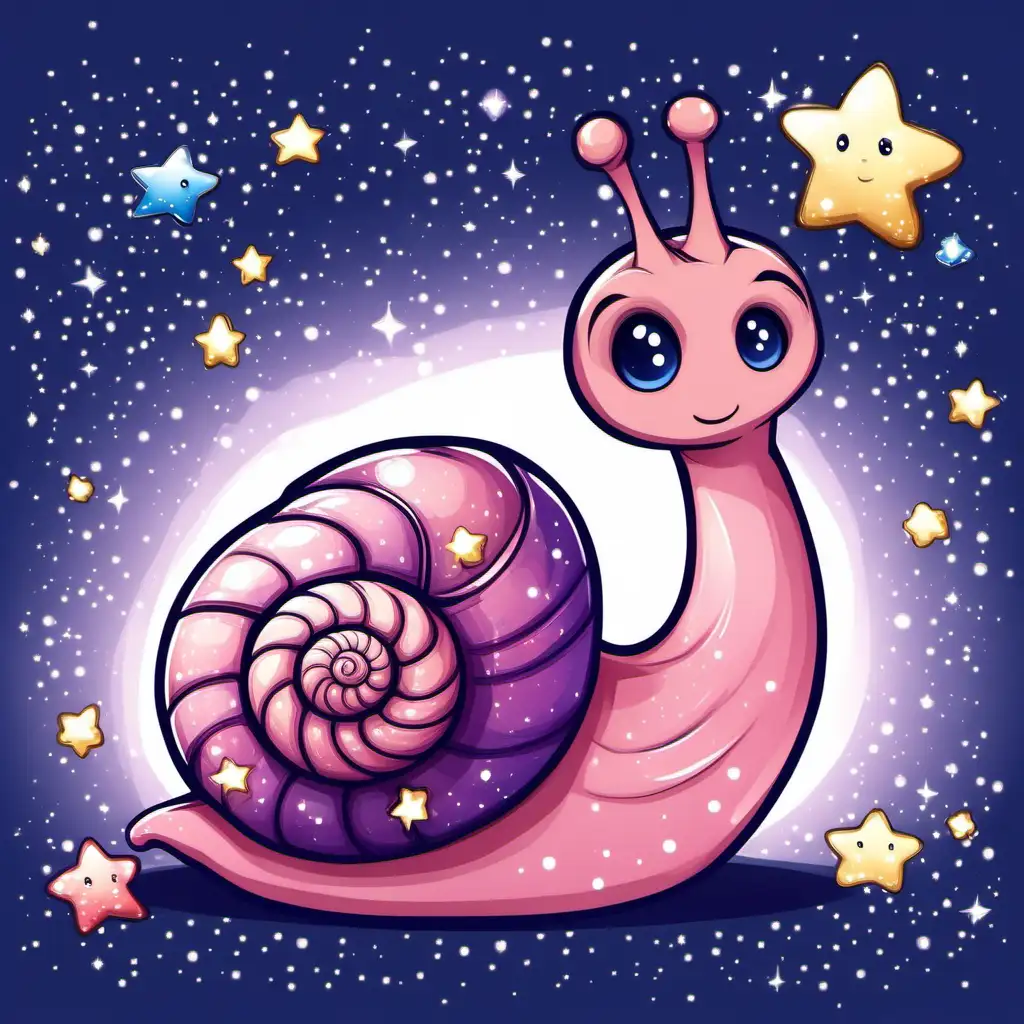 in cute chibi cartoon vector style, a shy, timid, feminine snail whose body is a pink shimmery color with a dark blue shell that has lots of beautiful sparkling stars all over it make sure the is no background