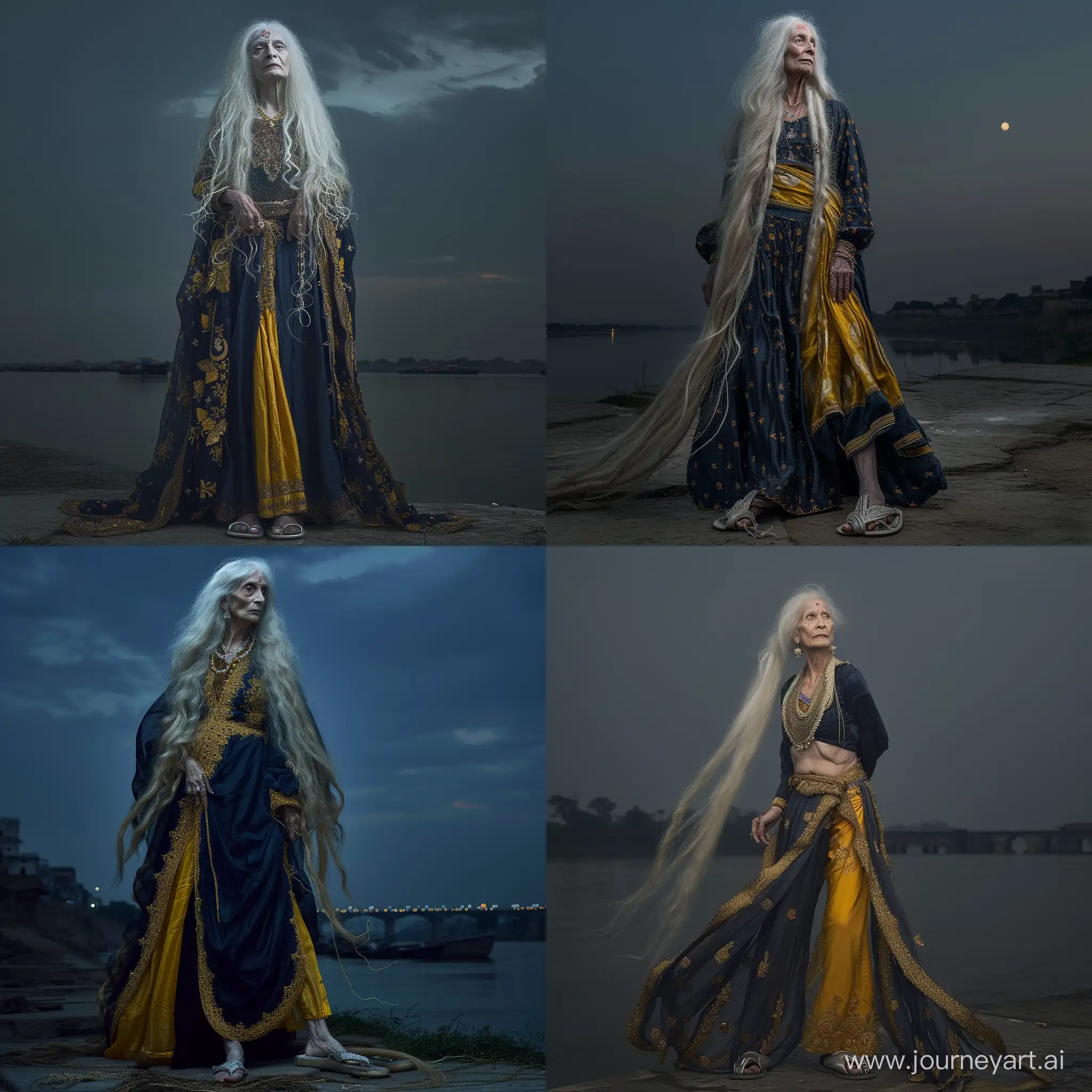     80 years  very skiny old hippie  women very long whit hair      wearing a dark bleu dress with gold  and  yellow wide trouser and silver sandels     is standing before ganges river by dark sky  
    india  soft contrast  total body  low angle 35mm fuji xt4 fotorealistisch