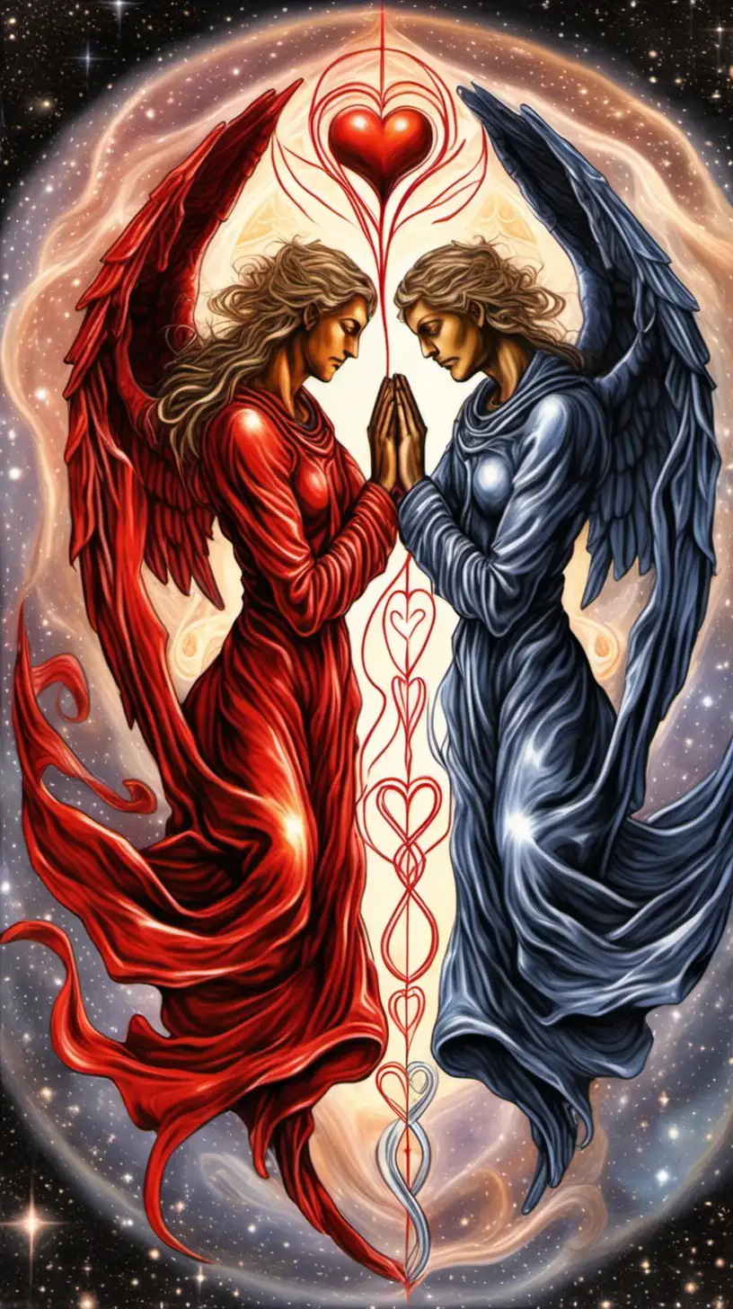 Illustrate twin flames entwined in an eternal embrace, surrounded by symbols of everlasting love and devotion that transcend the boundaries of time and space. add little bit red color